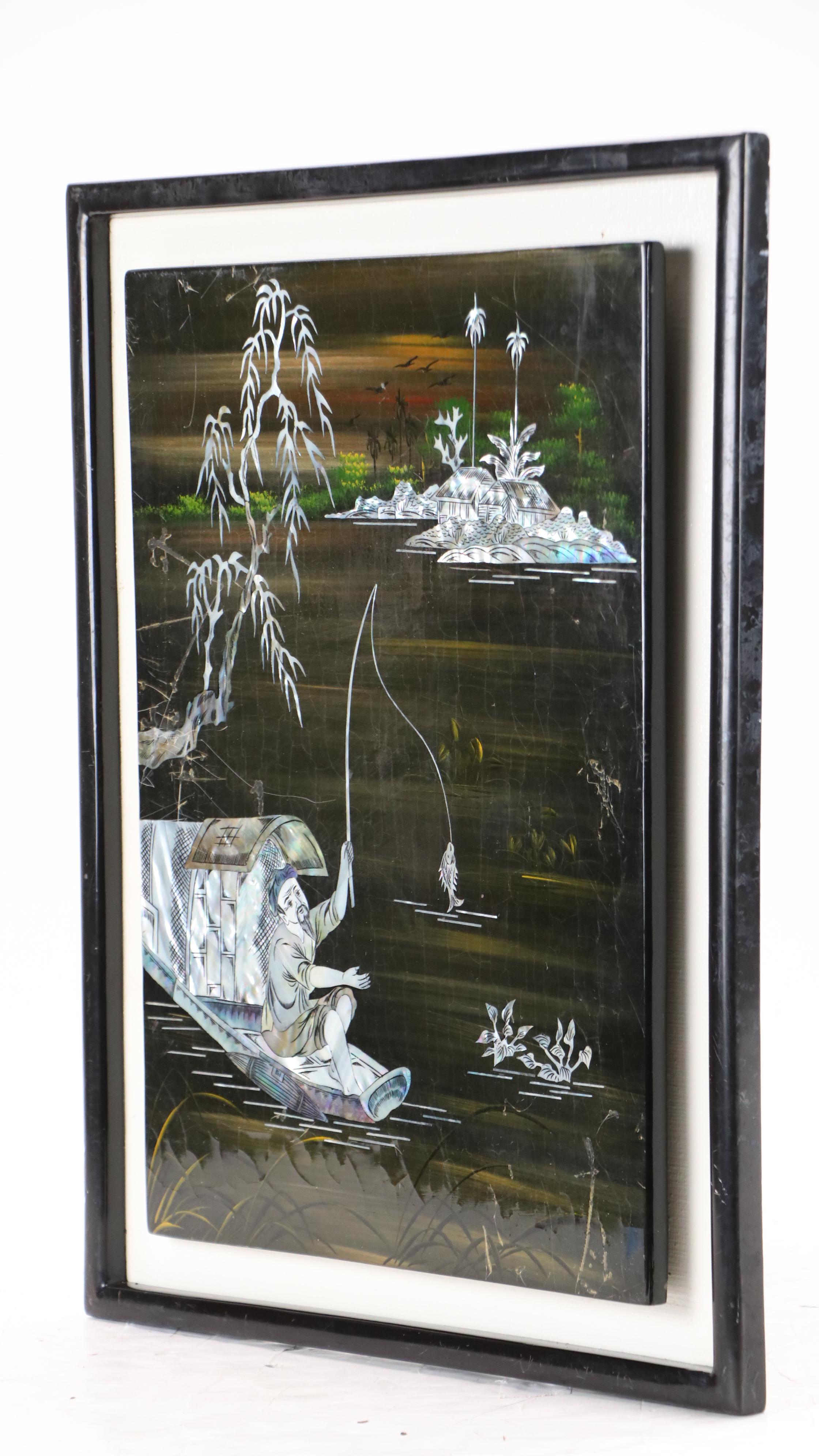 Japanese Abalone Inlaid Lacquerware Plaque Featuring a Fisherman