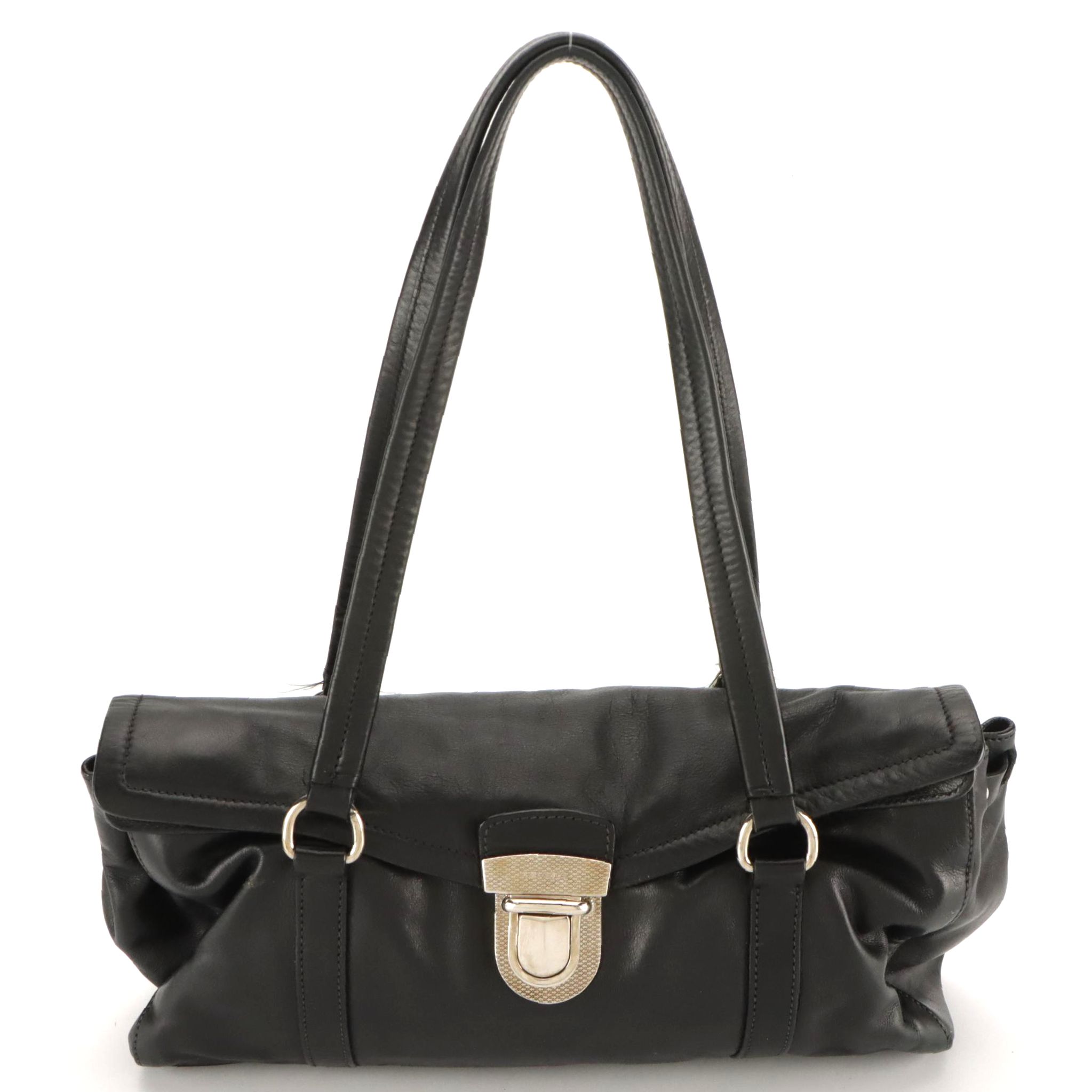 Prada Fold Over Tuck Lock Shoulder Bag in Black Leather
