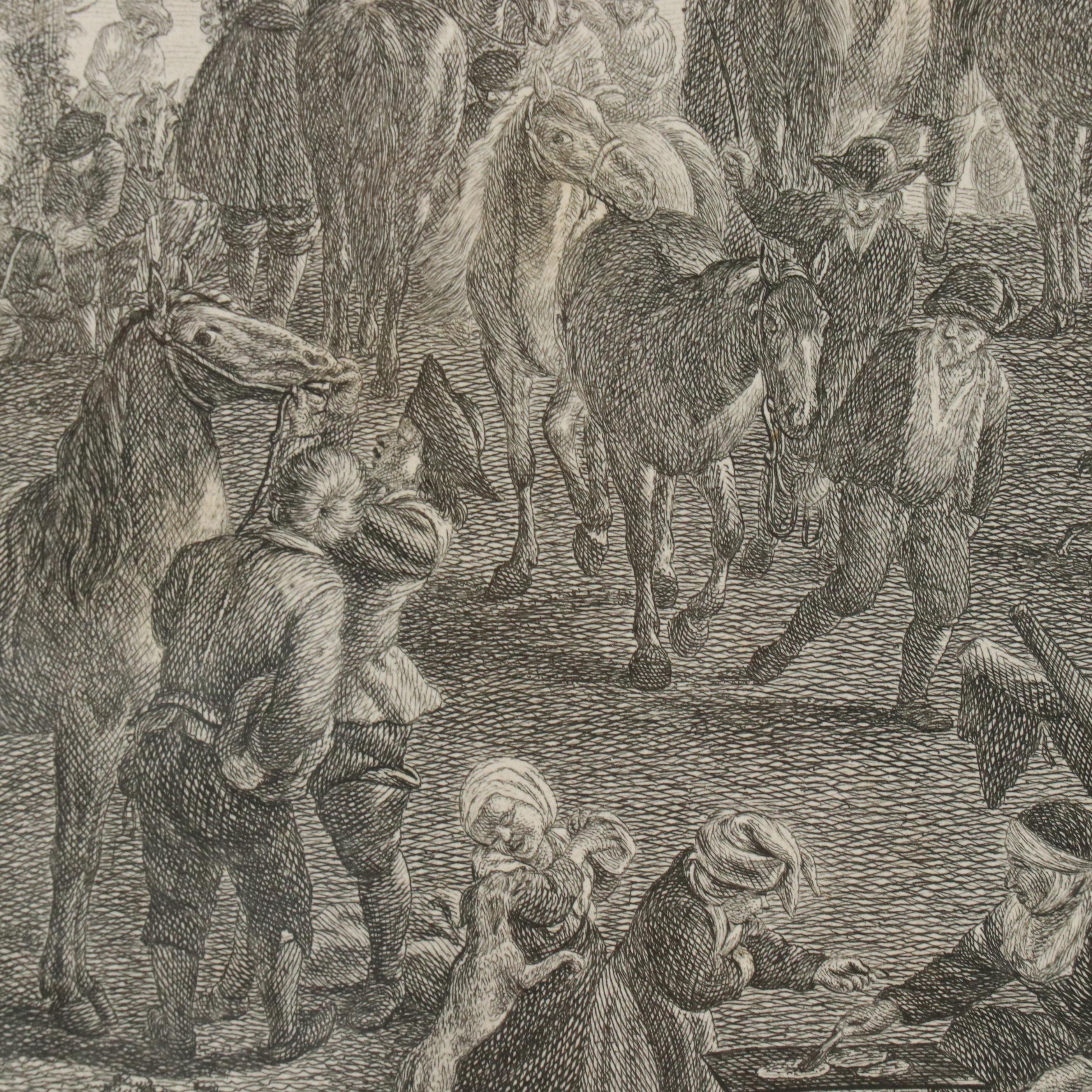 French School Engraving After P. Wouwerman "Les Maquignons à la Foire," 1739