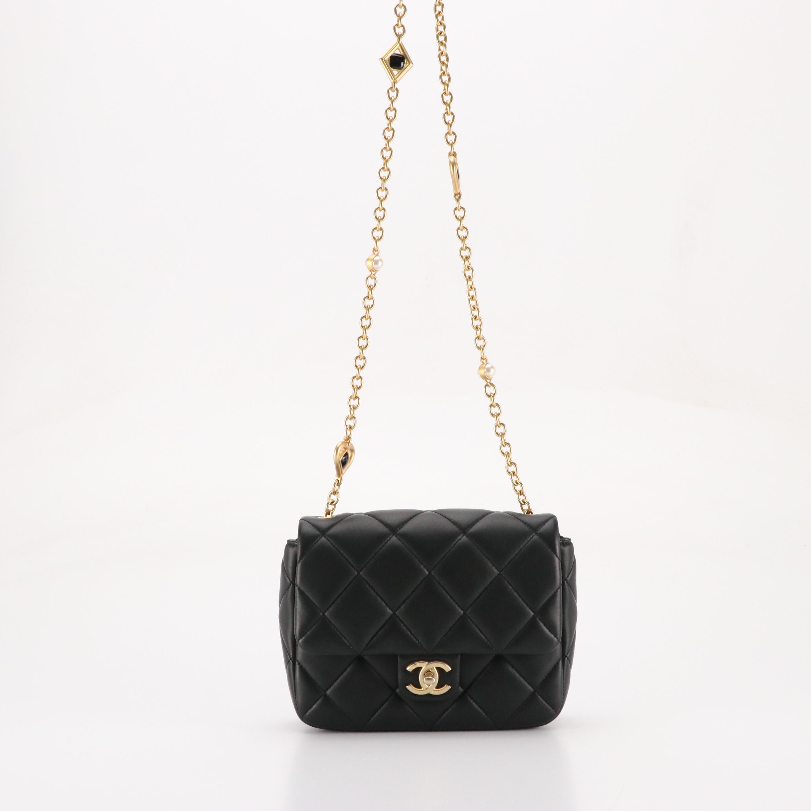 Chanel Charm Me Pearl Chain Strap Mini Flap Bag in Black Lambskin Leather