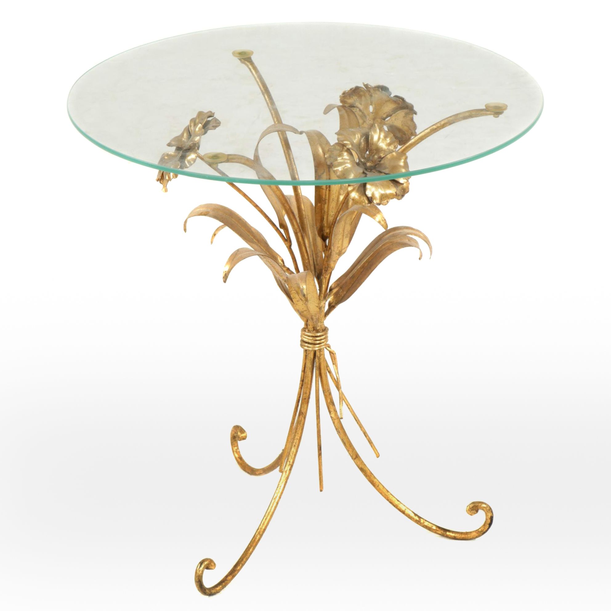 Hollywood Regency Gold Tone Floral Accent Table with Glass Top, Mid-20th Century
