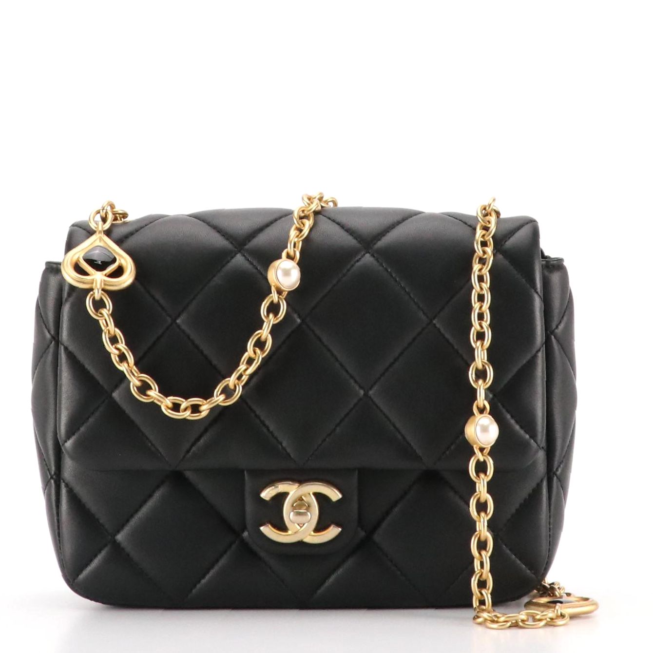 Chanel Charm Me Pearl Chain Strap Mini Flap Bag in Black Lambskin Leather