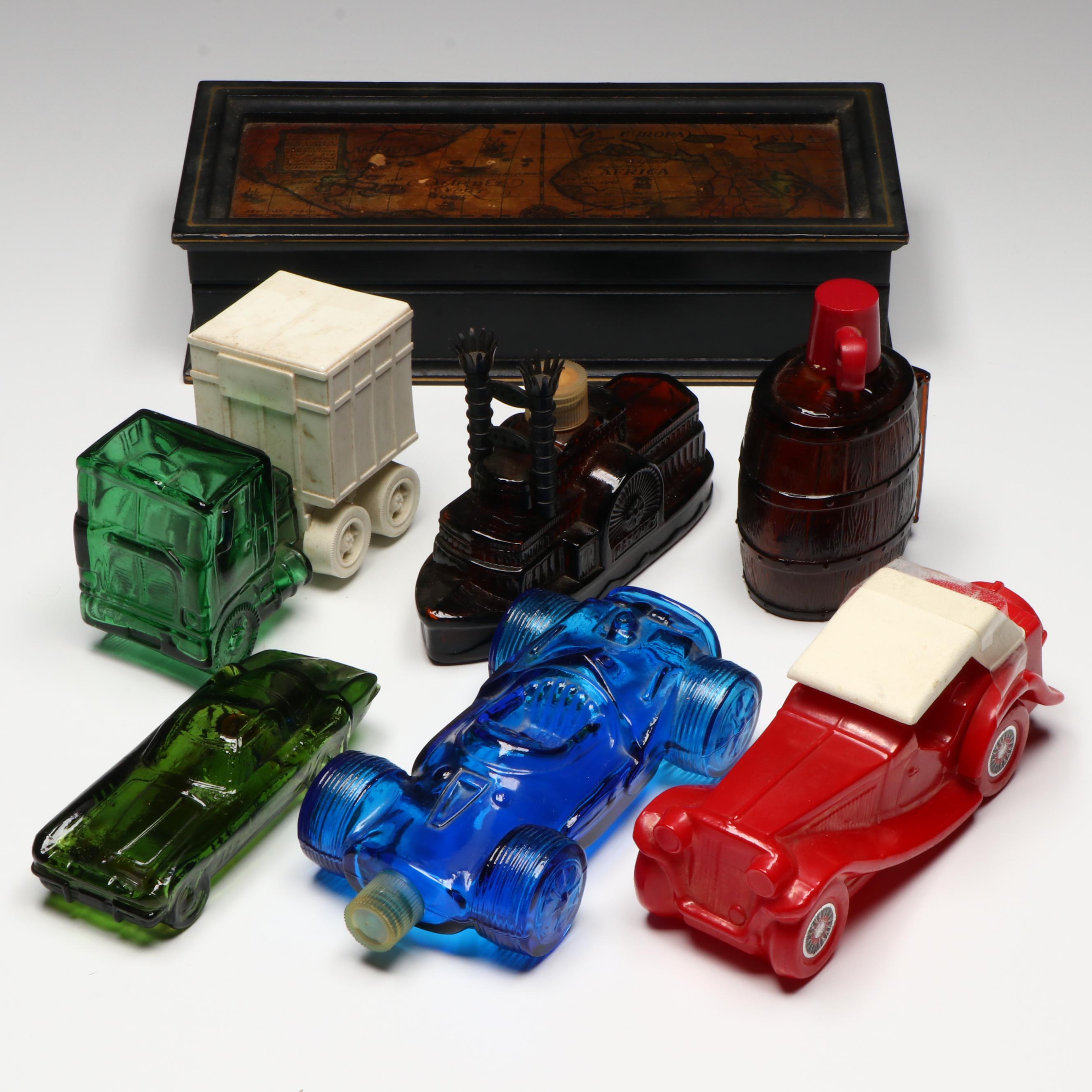 Avon Novelty Glass After Shave Bottles with World Map Wood Box