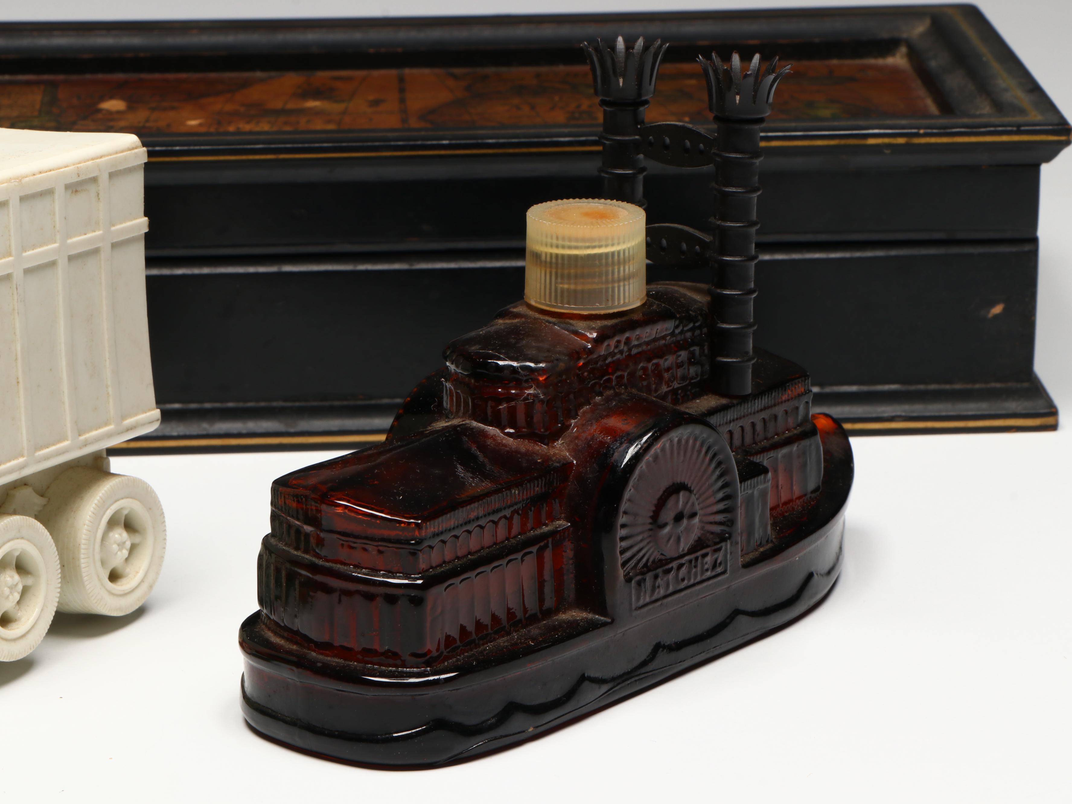 Avon Novelty Glass After Shave Bottles with World Map Wood Box