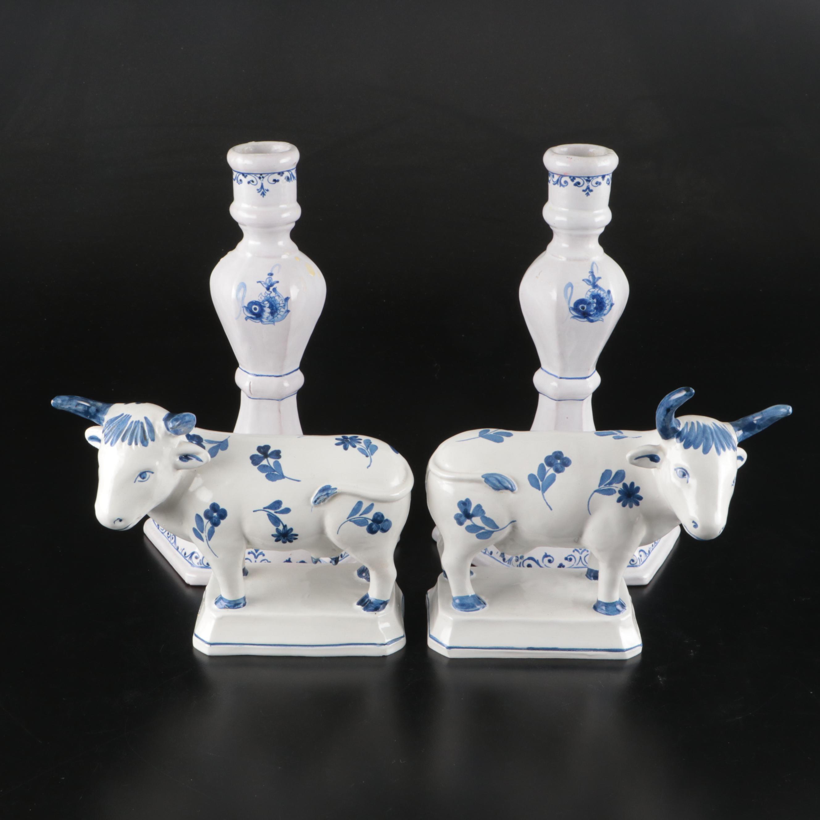 Delft Blue on White Porcelain Steer Bookends and Candlesticks