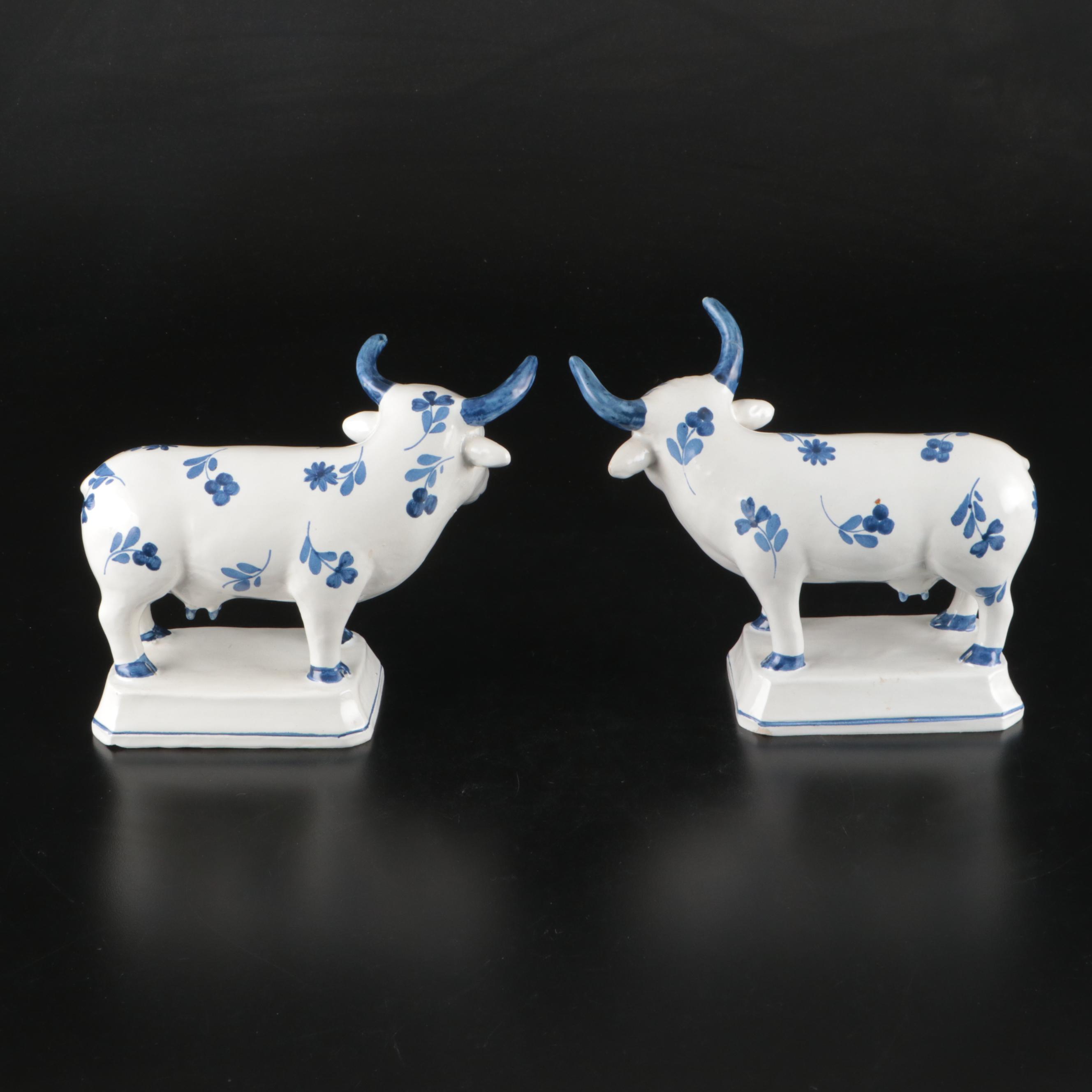 Delft Blue on White Porcelain Steer Bookends and Candlesticks