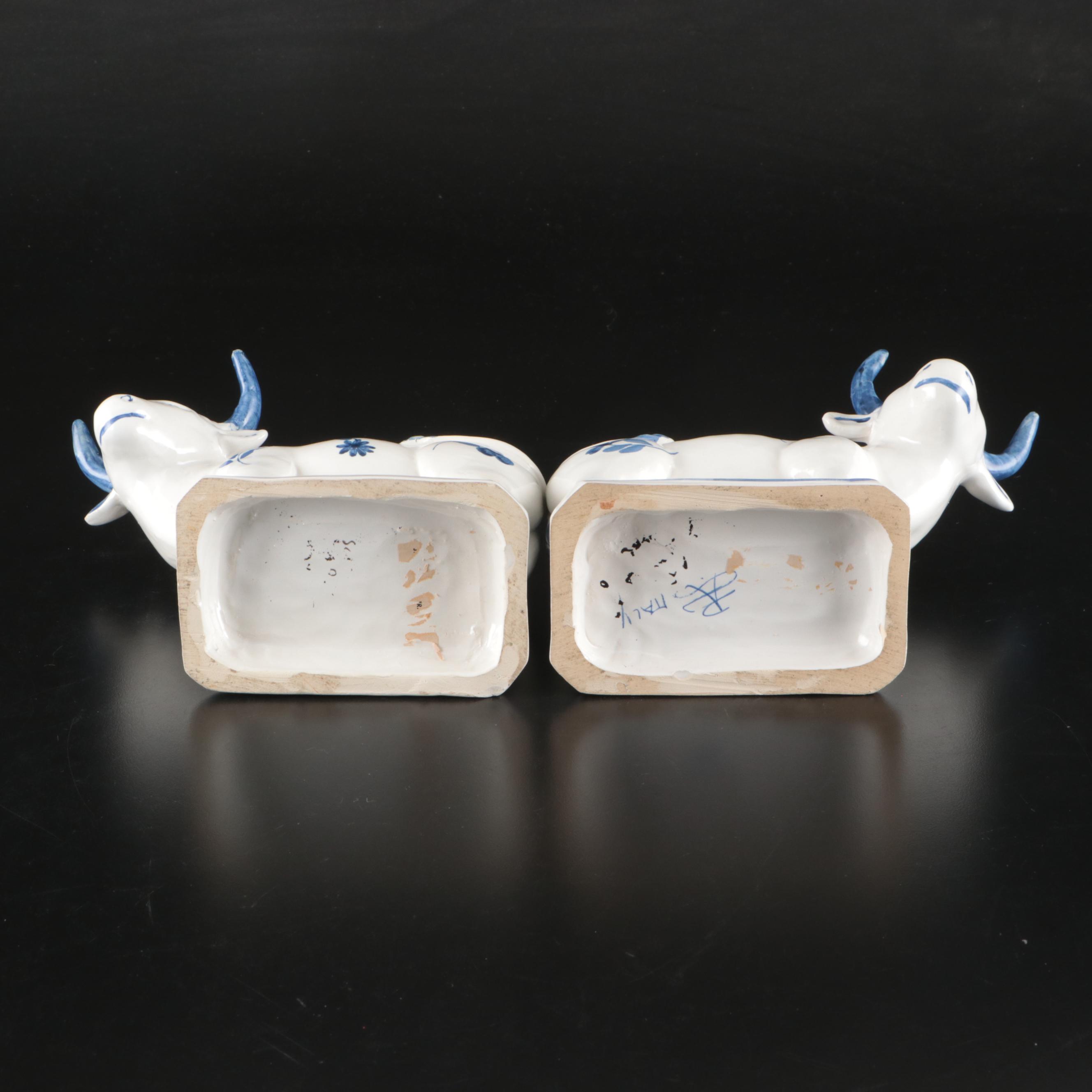 Delft Blue on White Porcelain Steer Bookends and Candlesticks