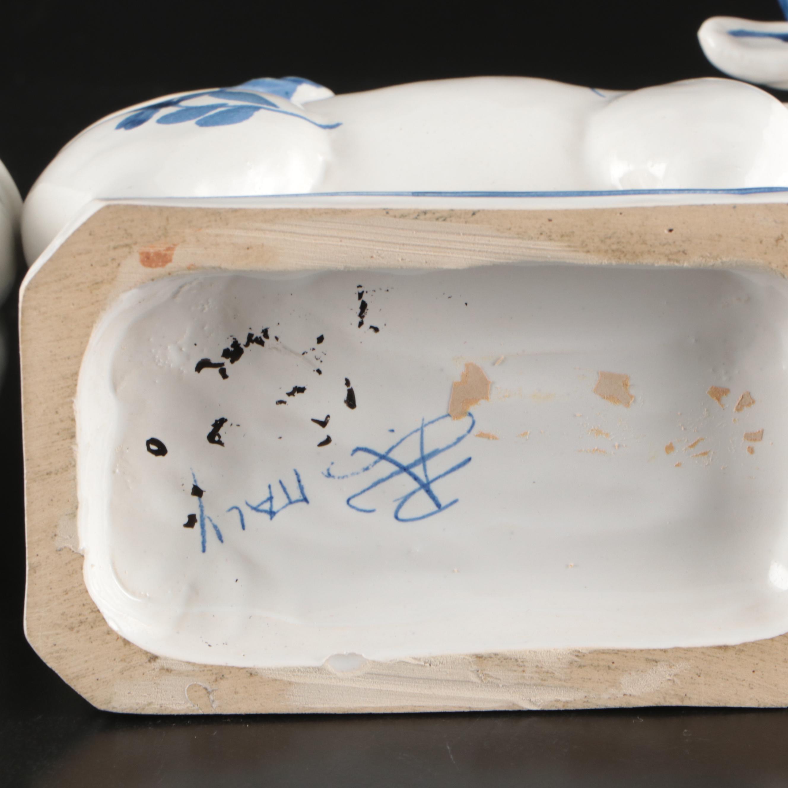 Delft Blue on White Porcelain Steer Bookends and Candlesticks