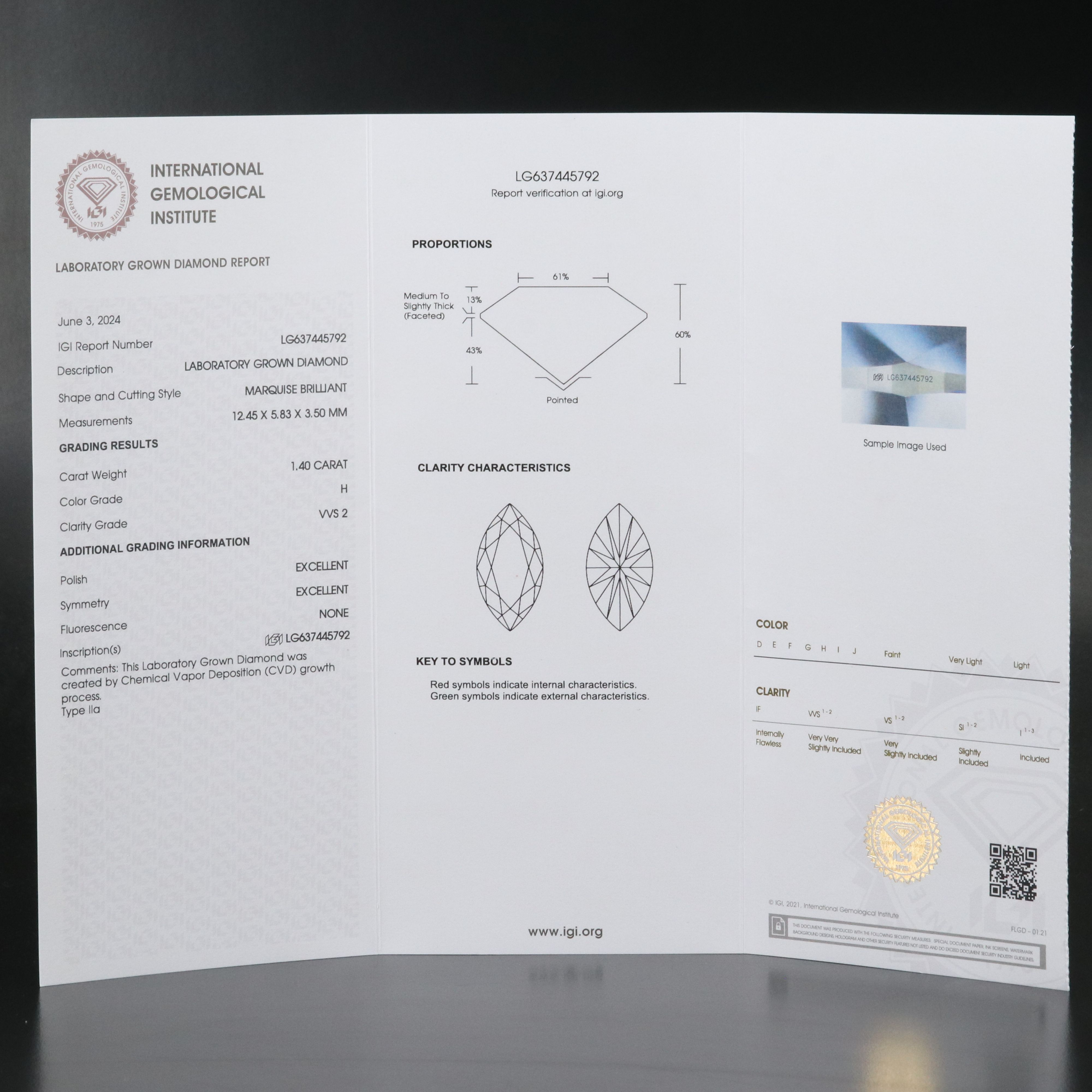 Loose 1.40 CT Lab Grown Diamond with IGI Report