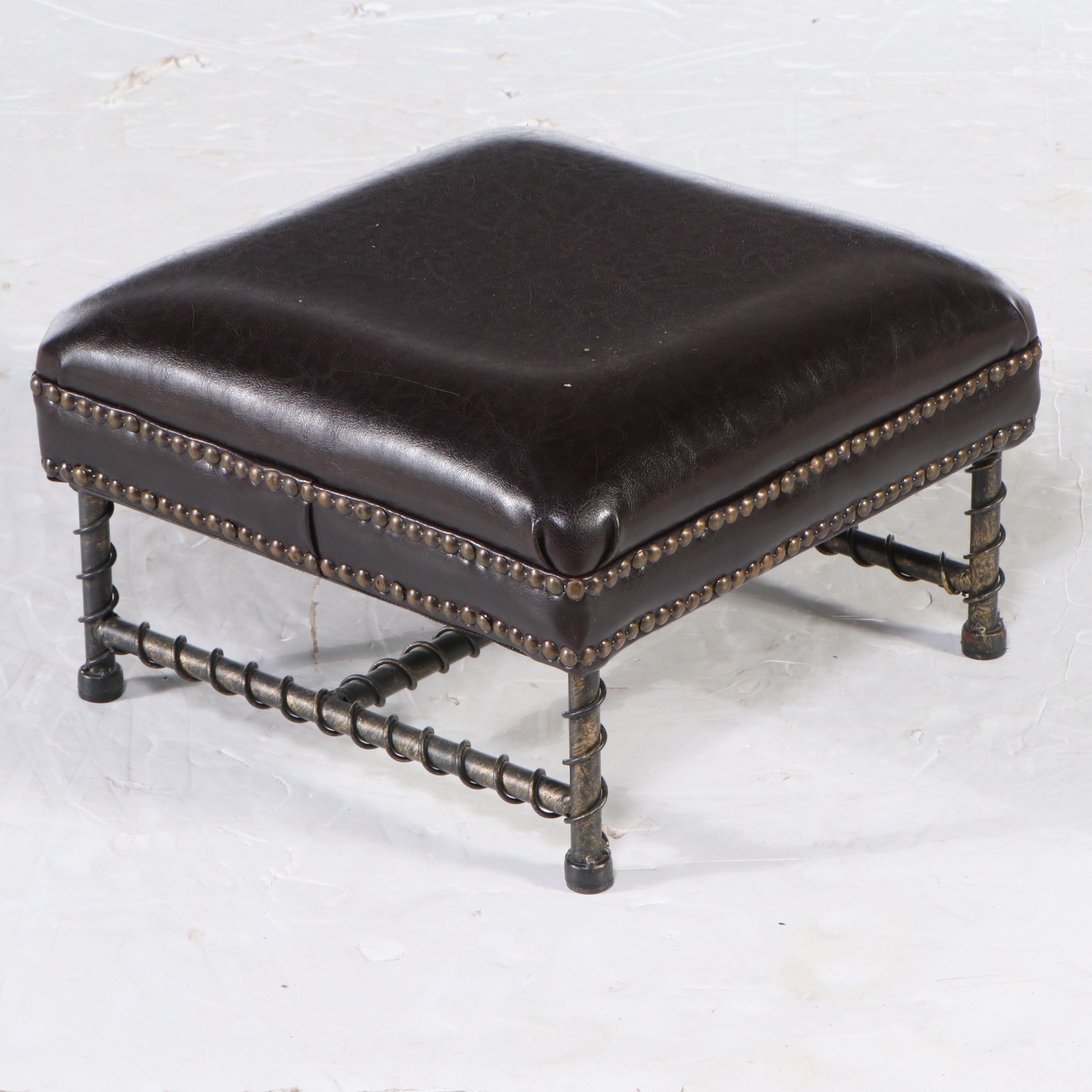 Nailhead Trimmed Faux Leather Footsool