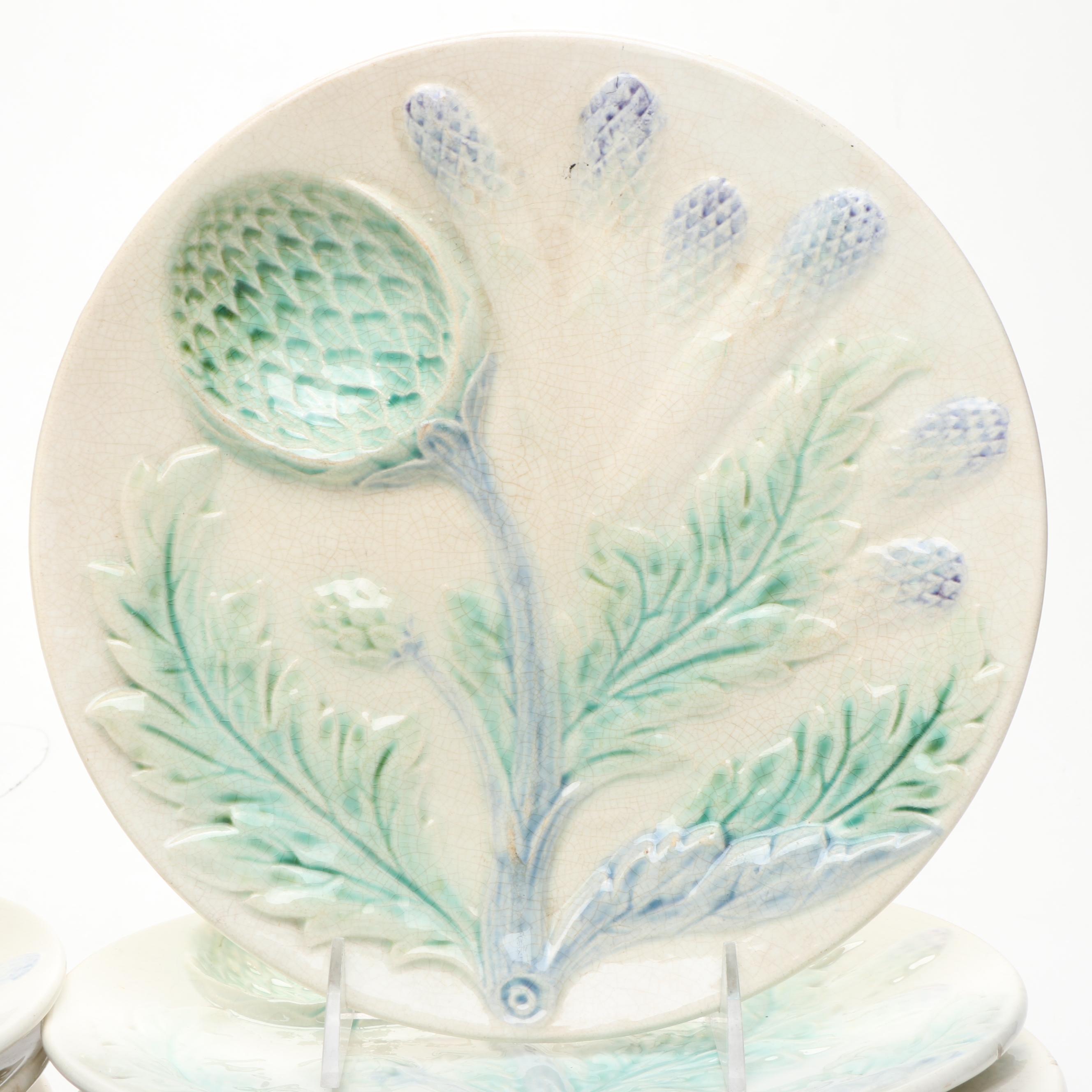 French Majolica Asparagus or Artichoke Plates, 19th Century