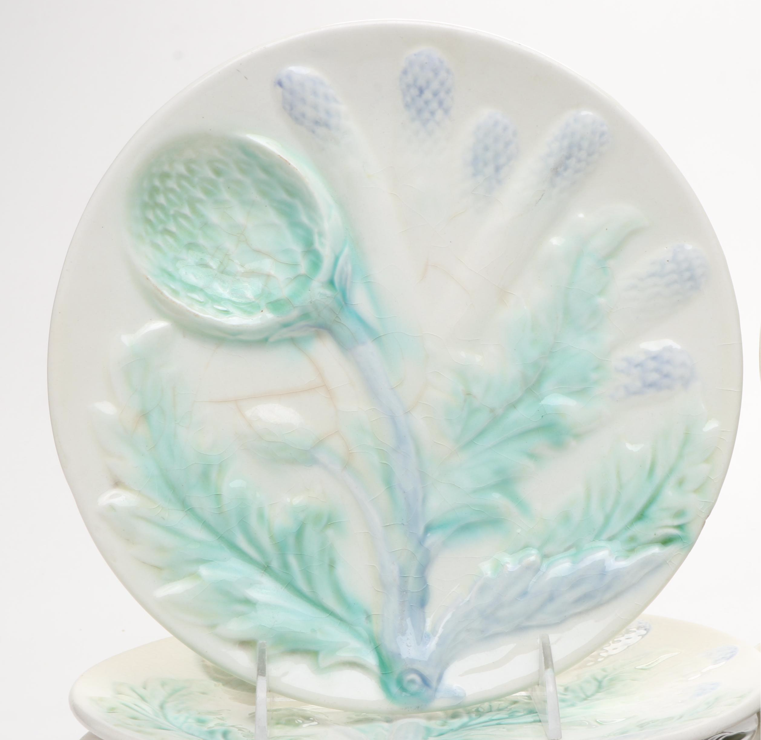 French Majolica Asparagus or Artichoke Plates, 19th Century