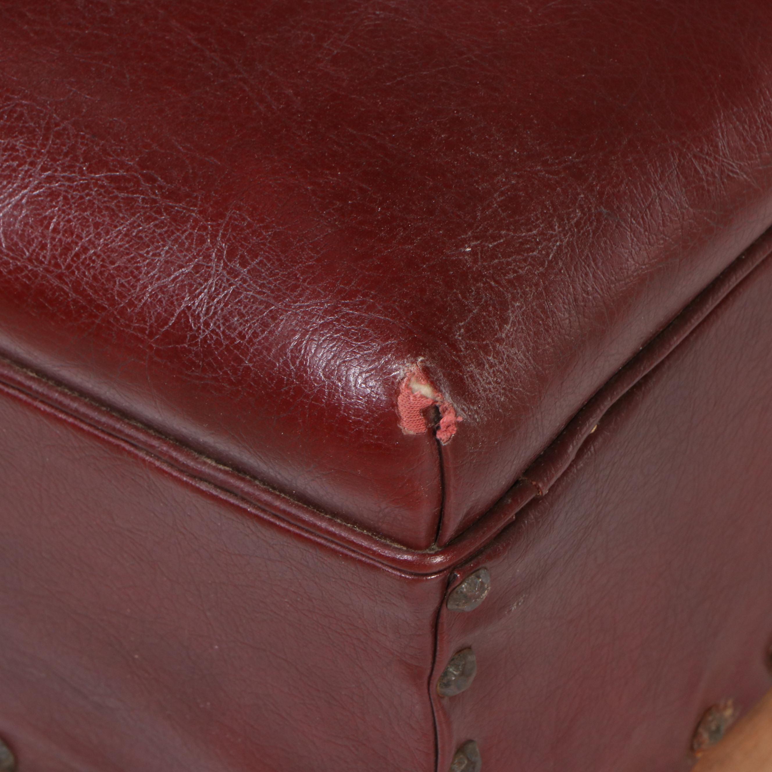 Leather Upholstered Footstool with Pad Feet, Early 20th Century