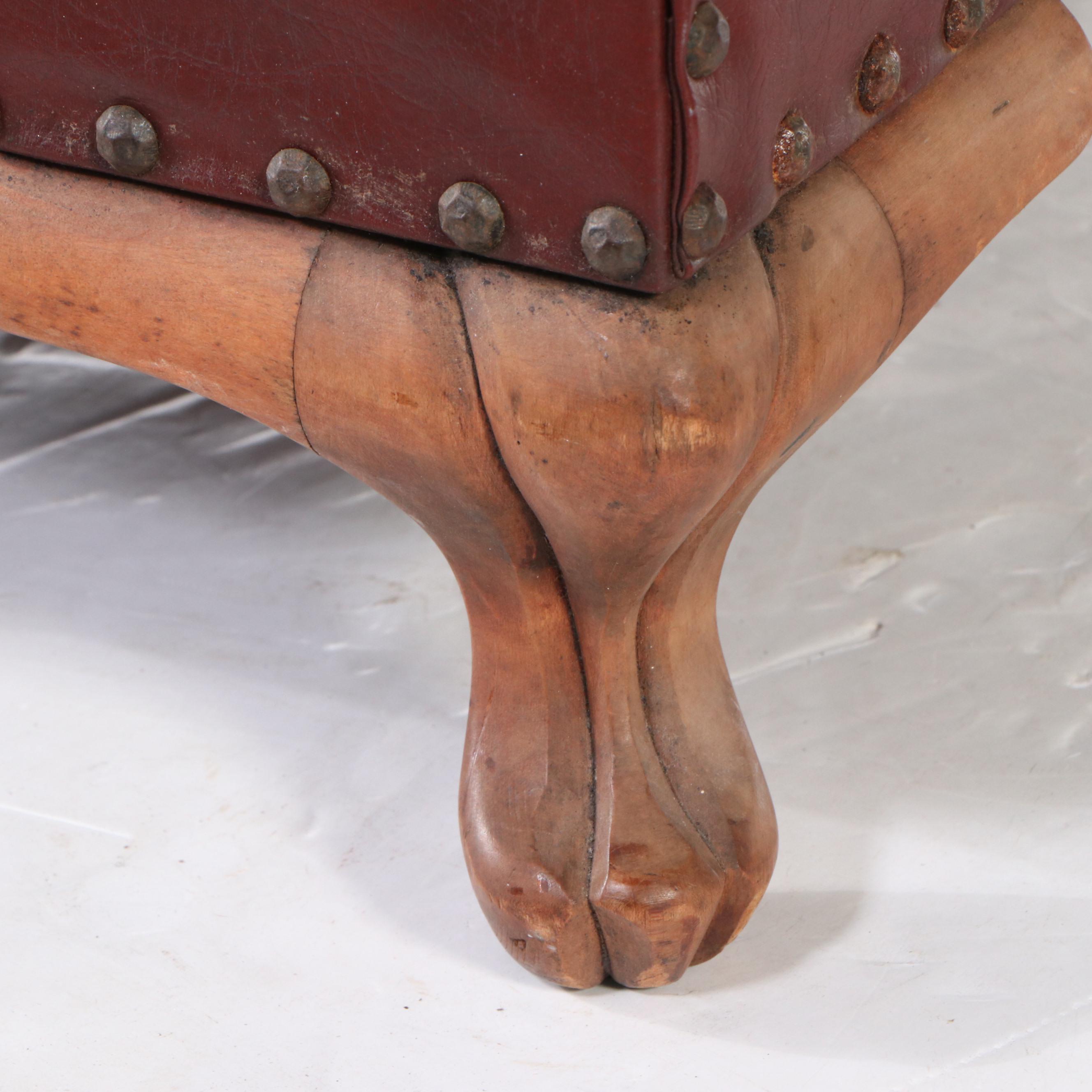 Leather Upholstered Footstool with Pad Feet, Early 20th Century