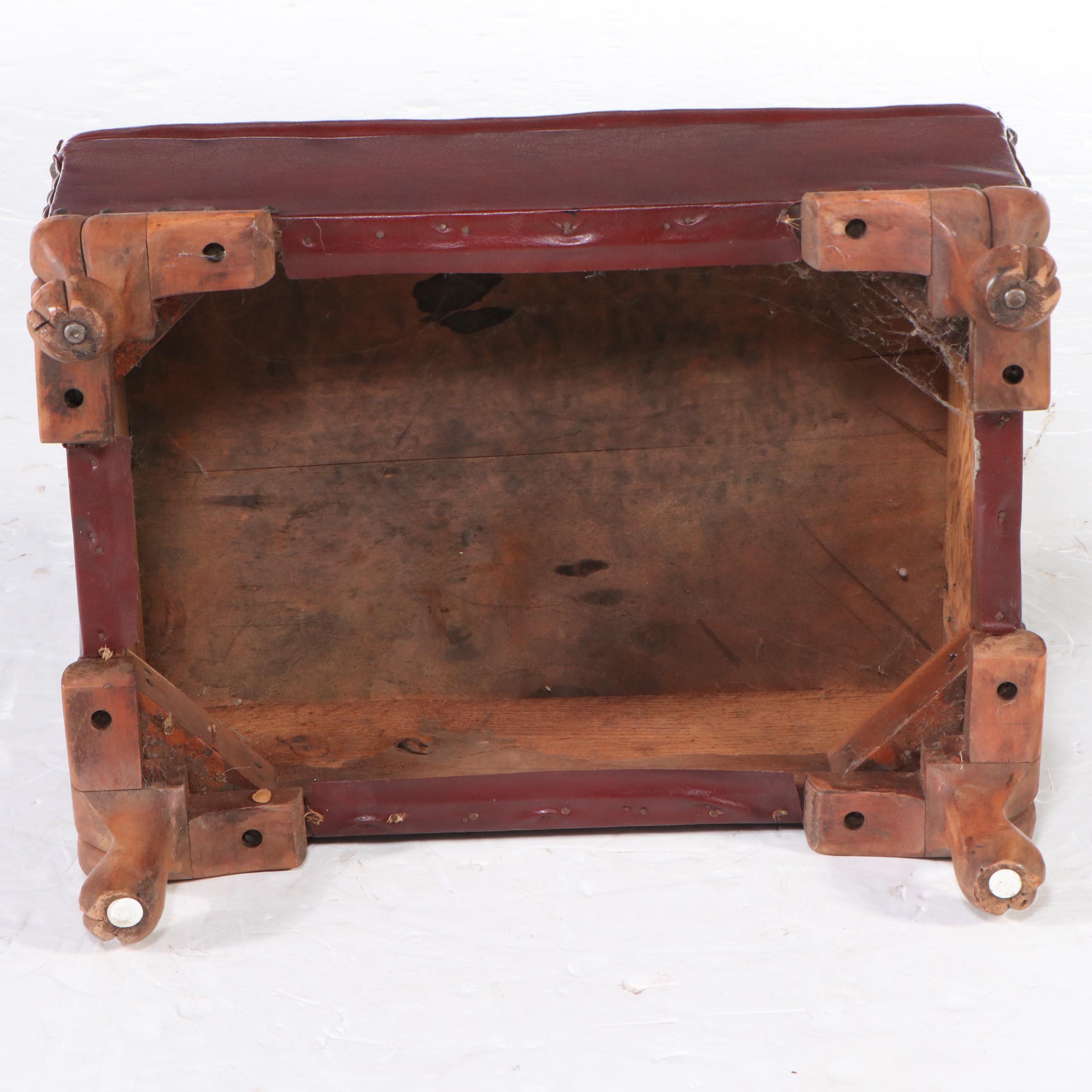 Leather Upholstered Footstool with Pad Feet, Early 20th Century