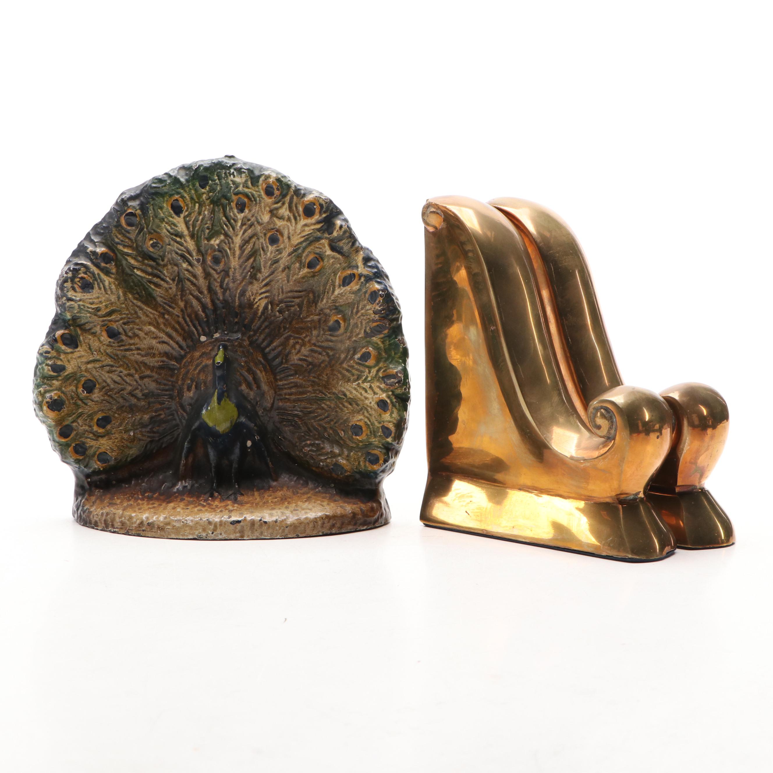 Cast Iron Peacock Doorstop with Brass Bookends