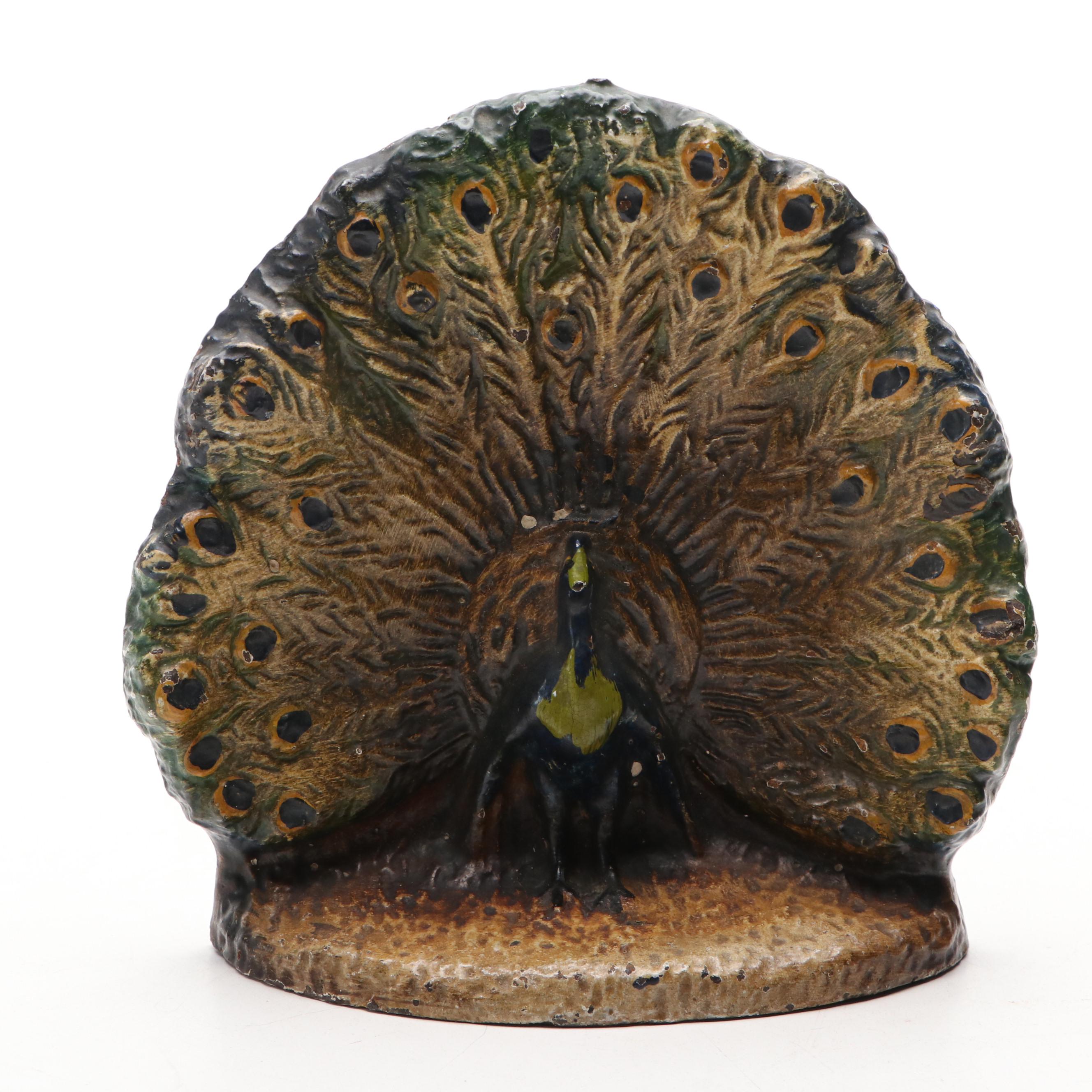 Cast Iron Peacock Doorstop with Brass Bookends
