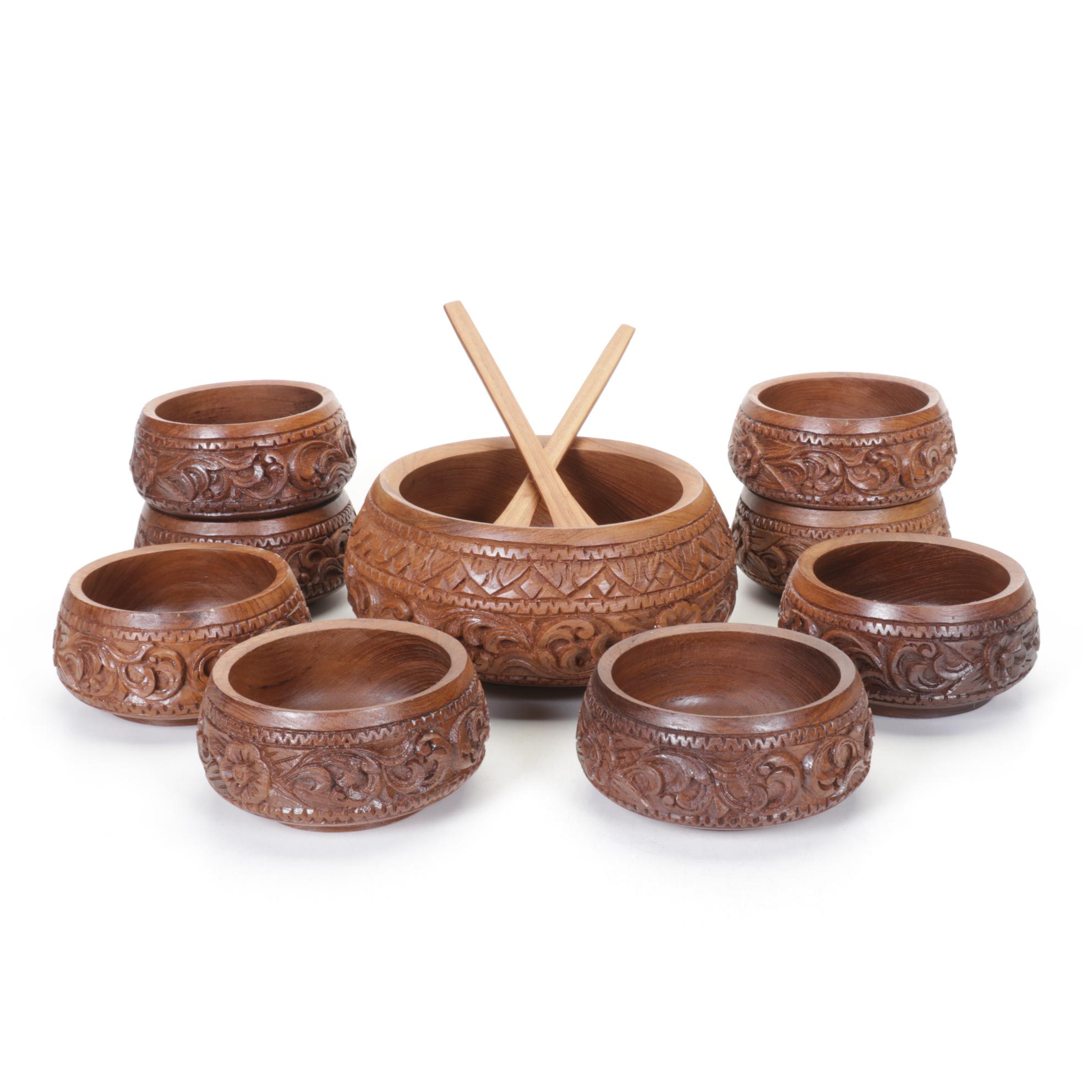 Carved Wooden Serving & Salad Bowls
