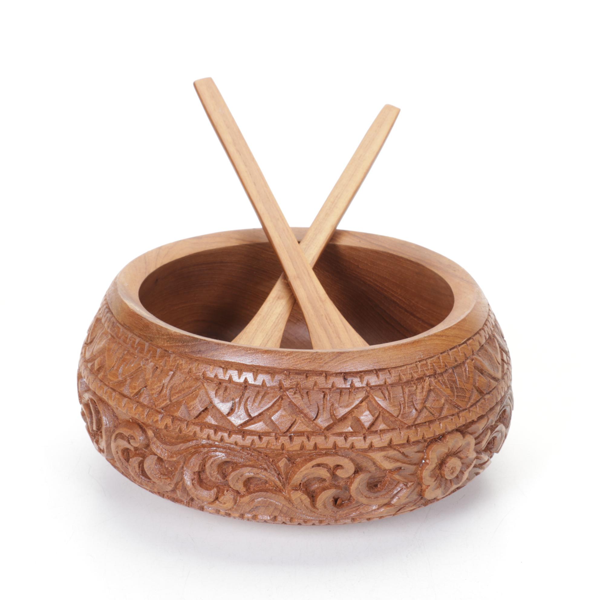 Carved Wooden Serving & Salad Bowls