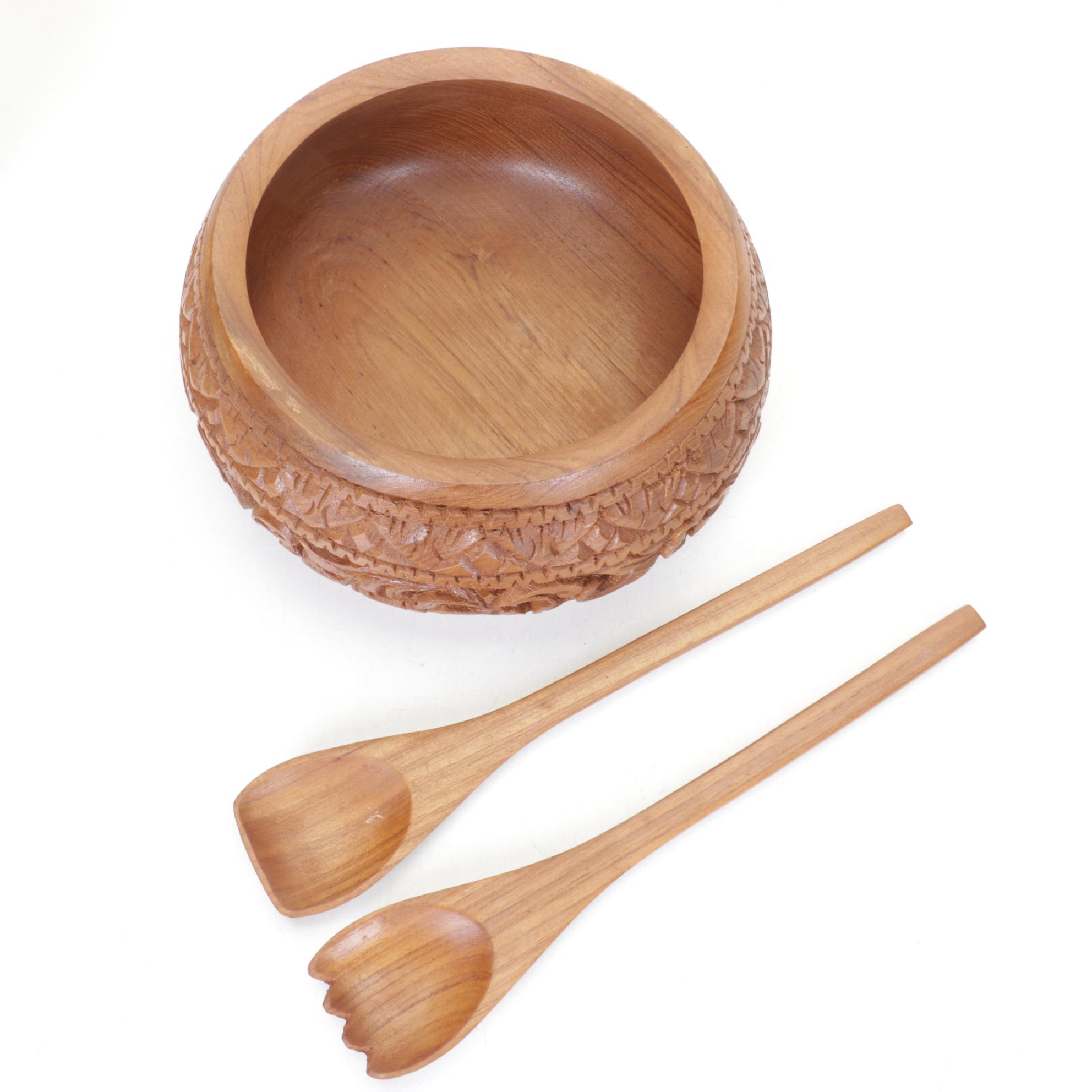 Carved Wooden Serving & Salad Bowls
