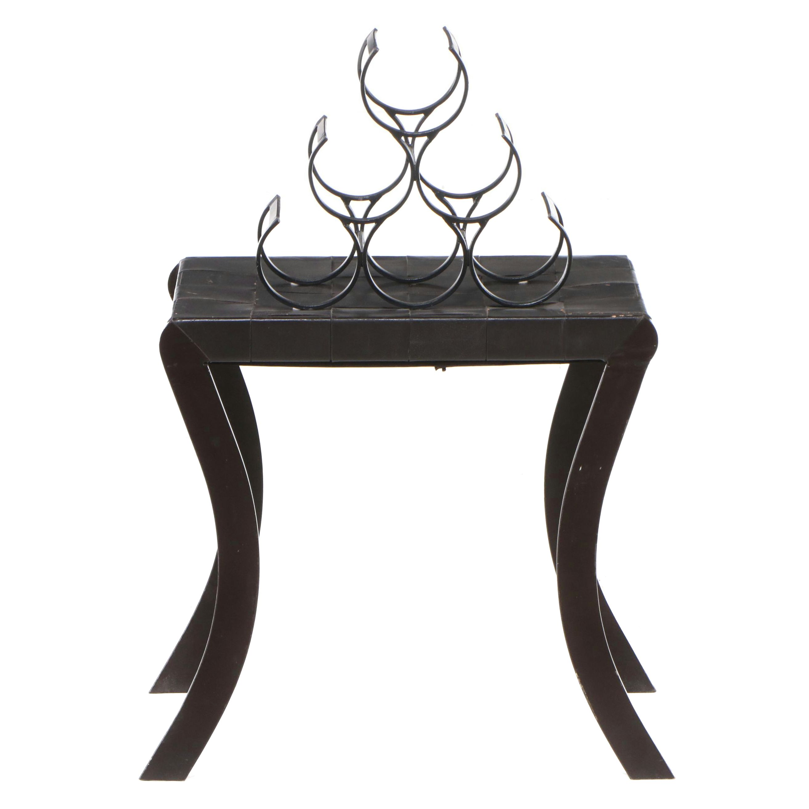 Contemporary Metal Framed Accent Table and Tabletop Wine Rack