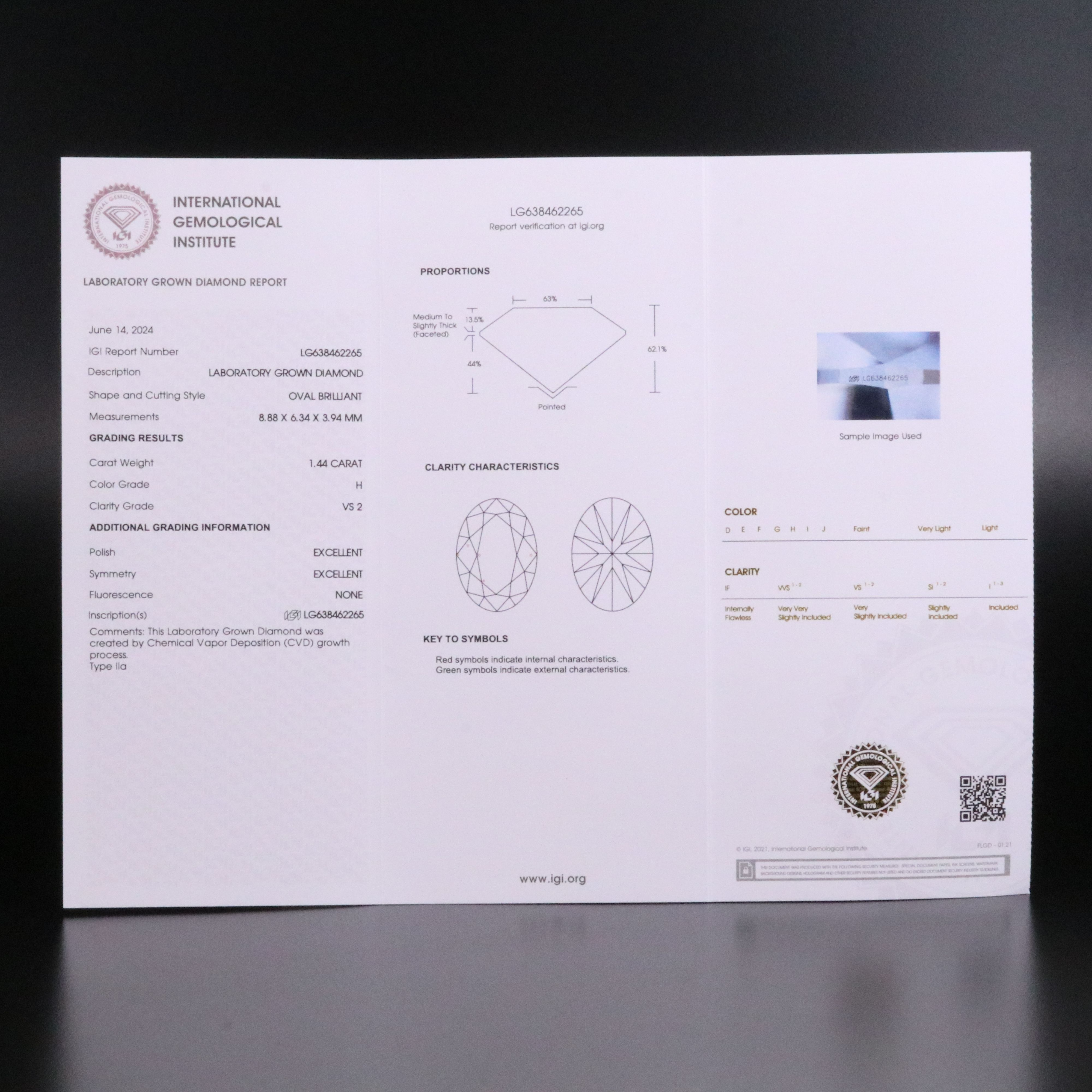 Loose 1.44 CT Lab Grown Diamond with IGI Report