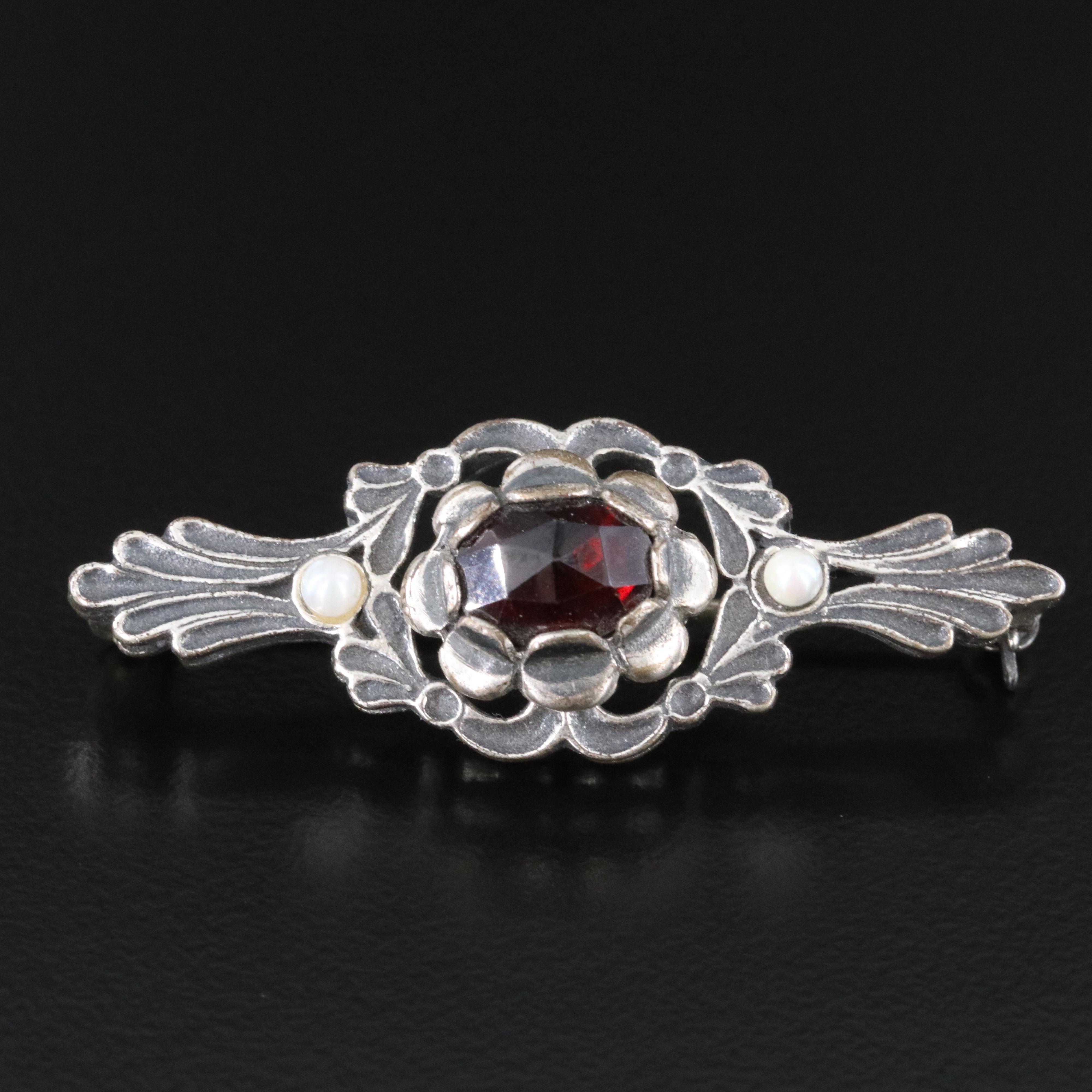 850 Garnet and Seed Pearl Silver Bar Brooch