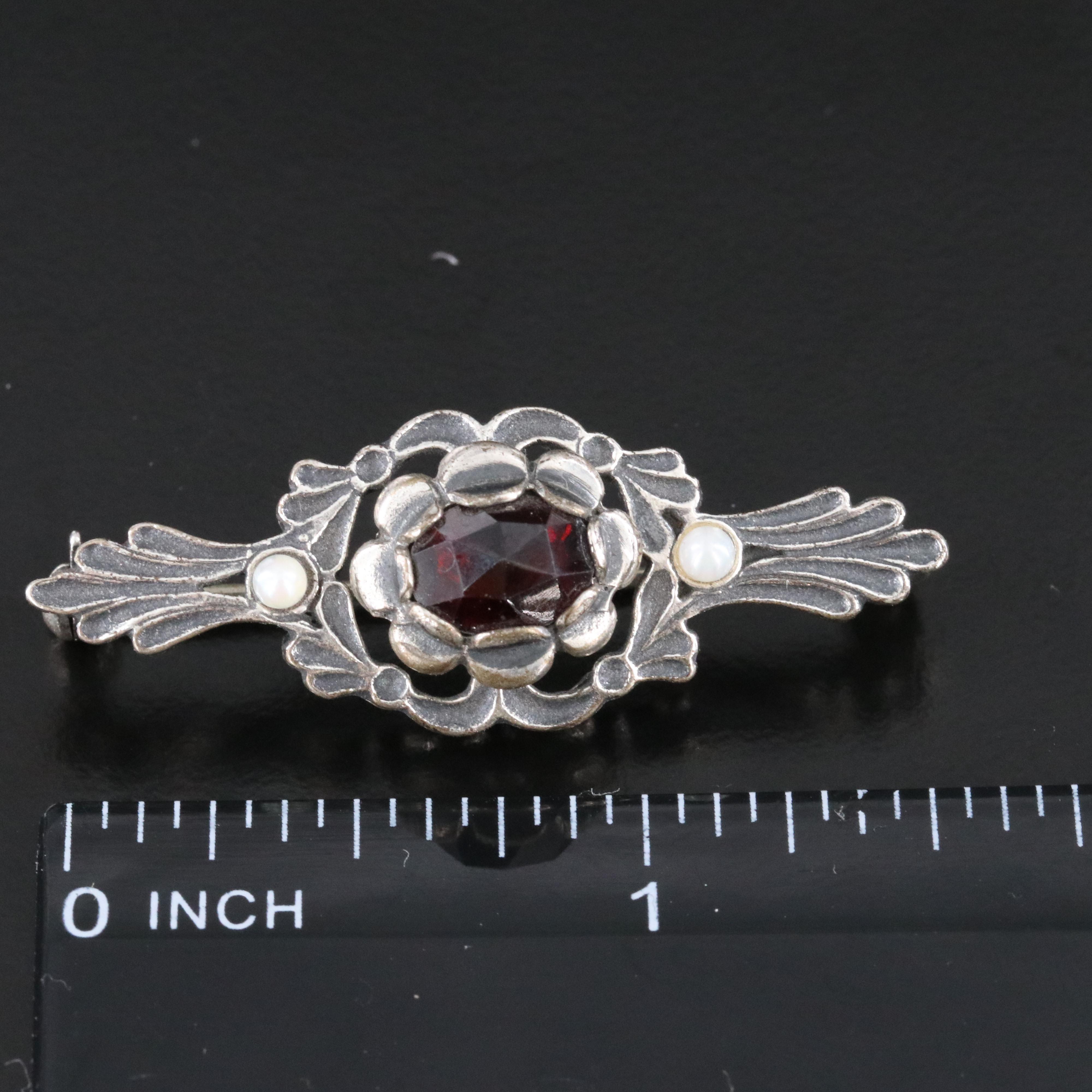 850 Garnet and Seed Pearl Silver Bar Brooch