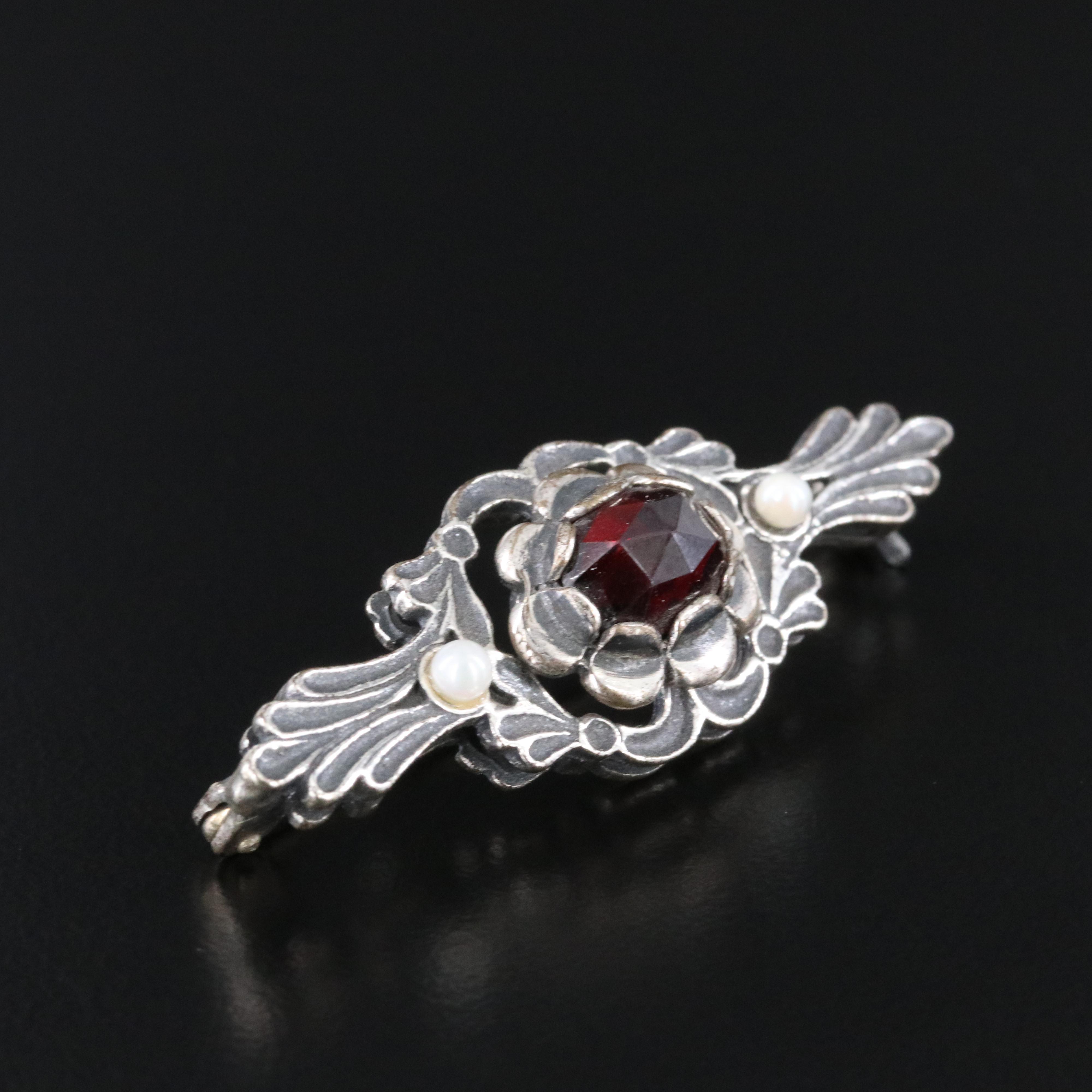 850 Garnet and Seed Pearl Silver Bar Brooch
