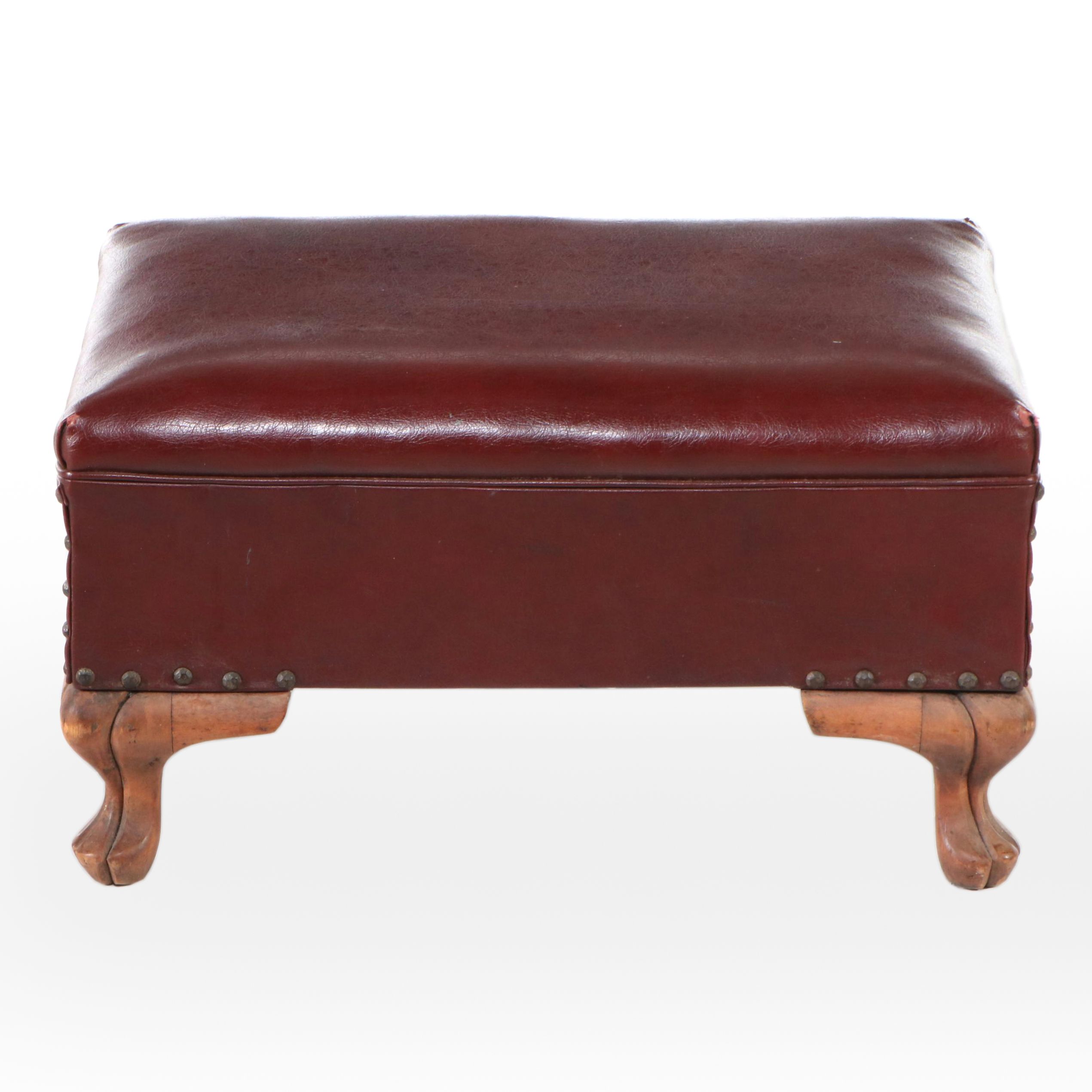 Leather Upholstered Footstool with Pad Feet, Early 20th Century