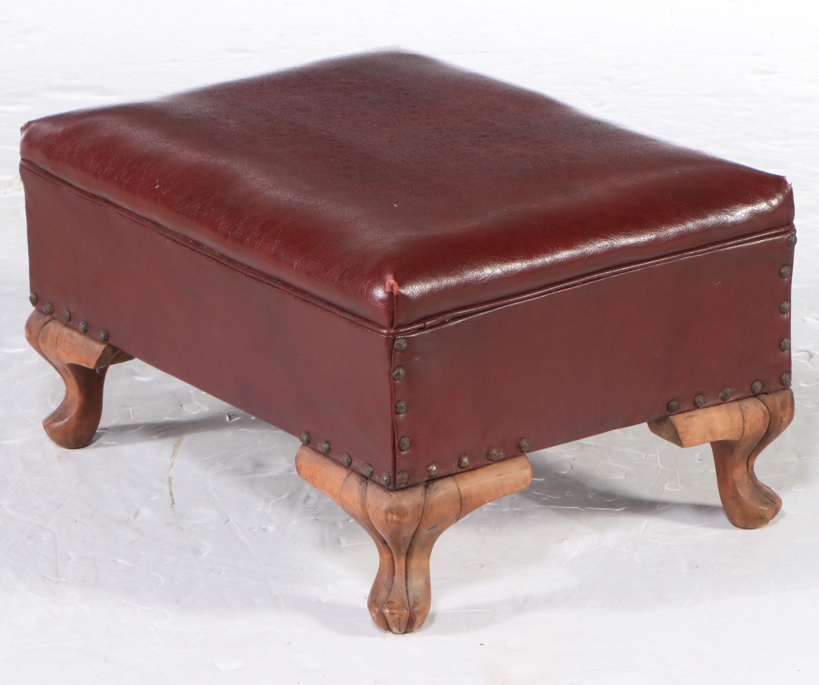 Leather Upholstered Footstool with Pad Feet, Early 20th Century