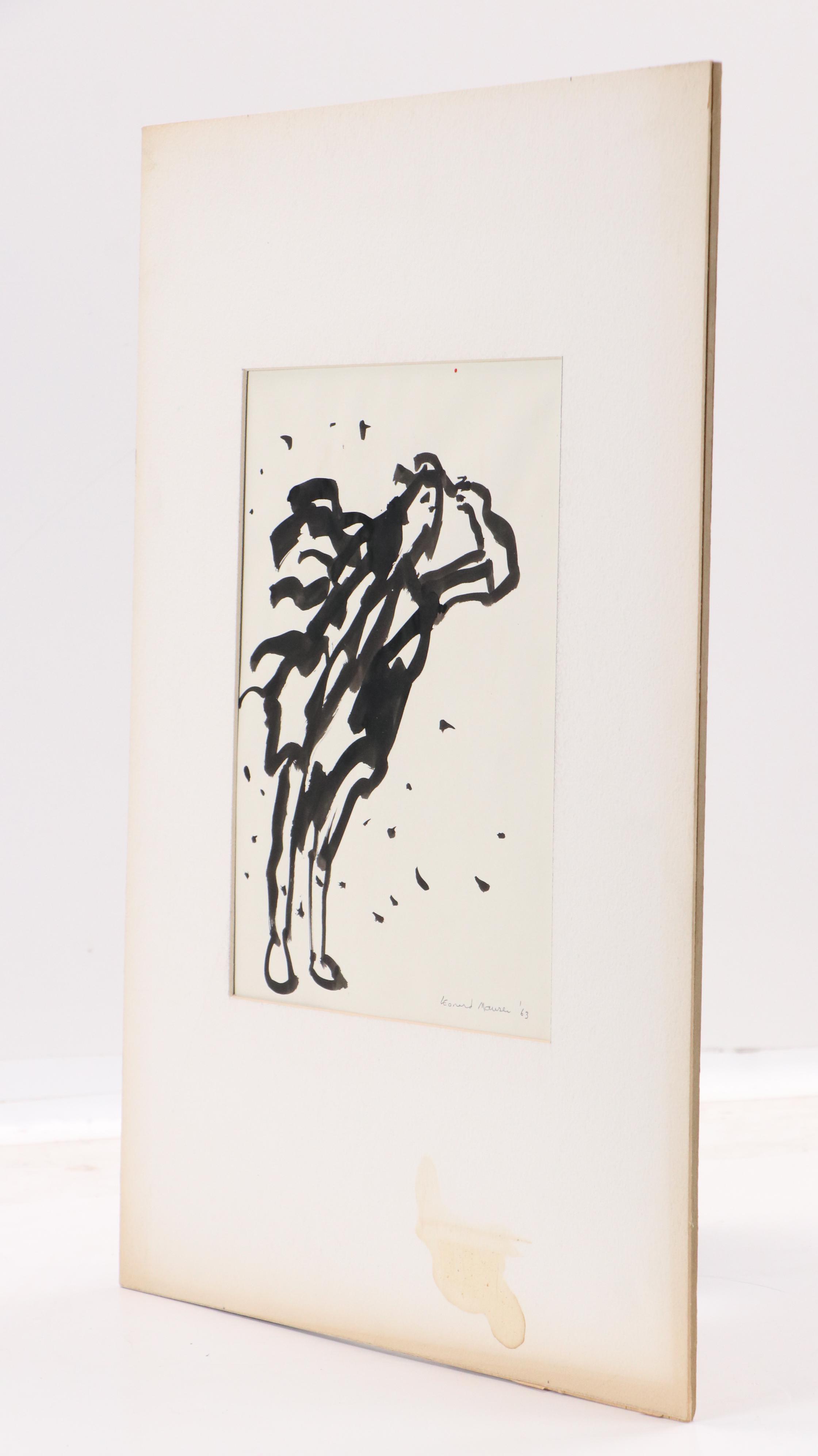 Leonard Maurer Modern Figural Ink Wash Painting, 1963