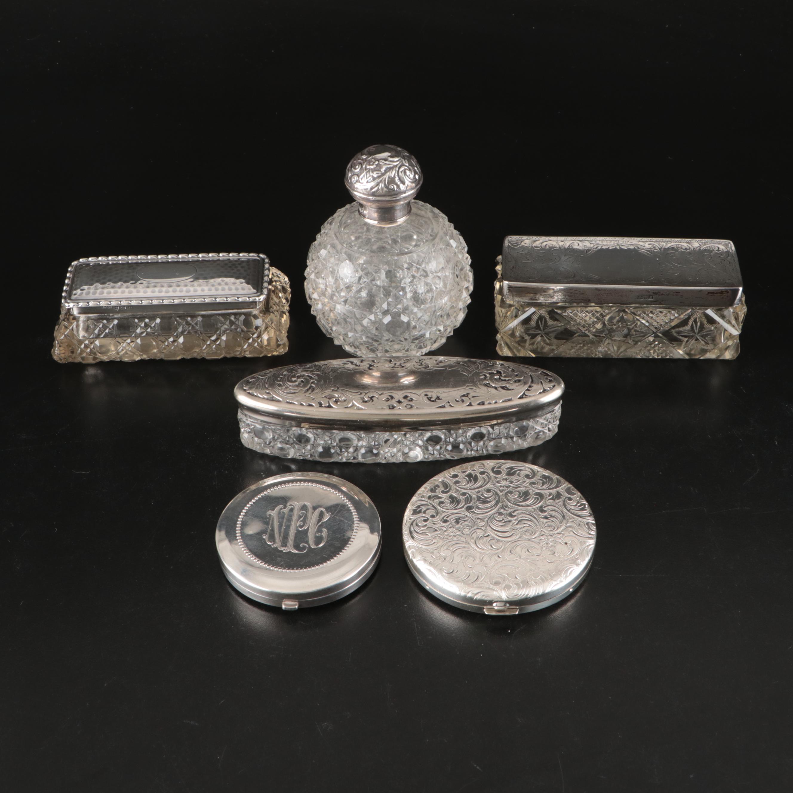 Boots Pure Drug Company Sterling Perfume Bottle with Cut Glass Vanity Boxes