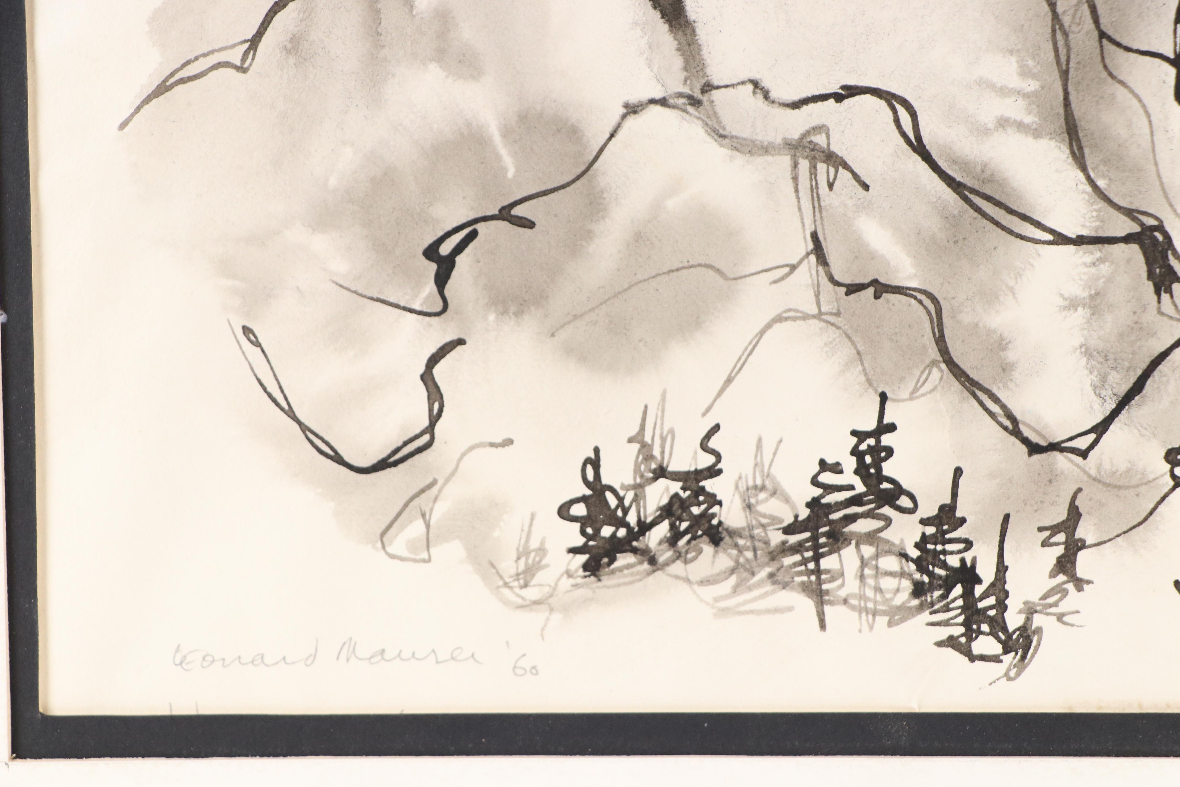 Leonard Maurer Modern Figural Ink Wash Painting, 1960