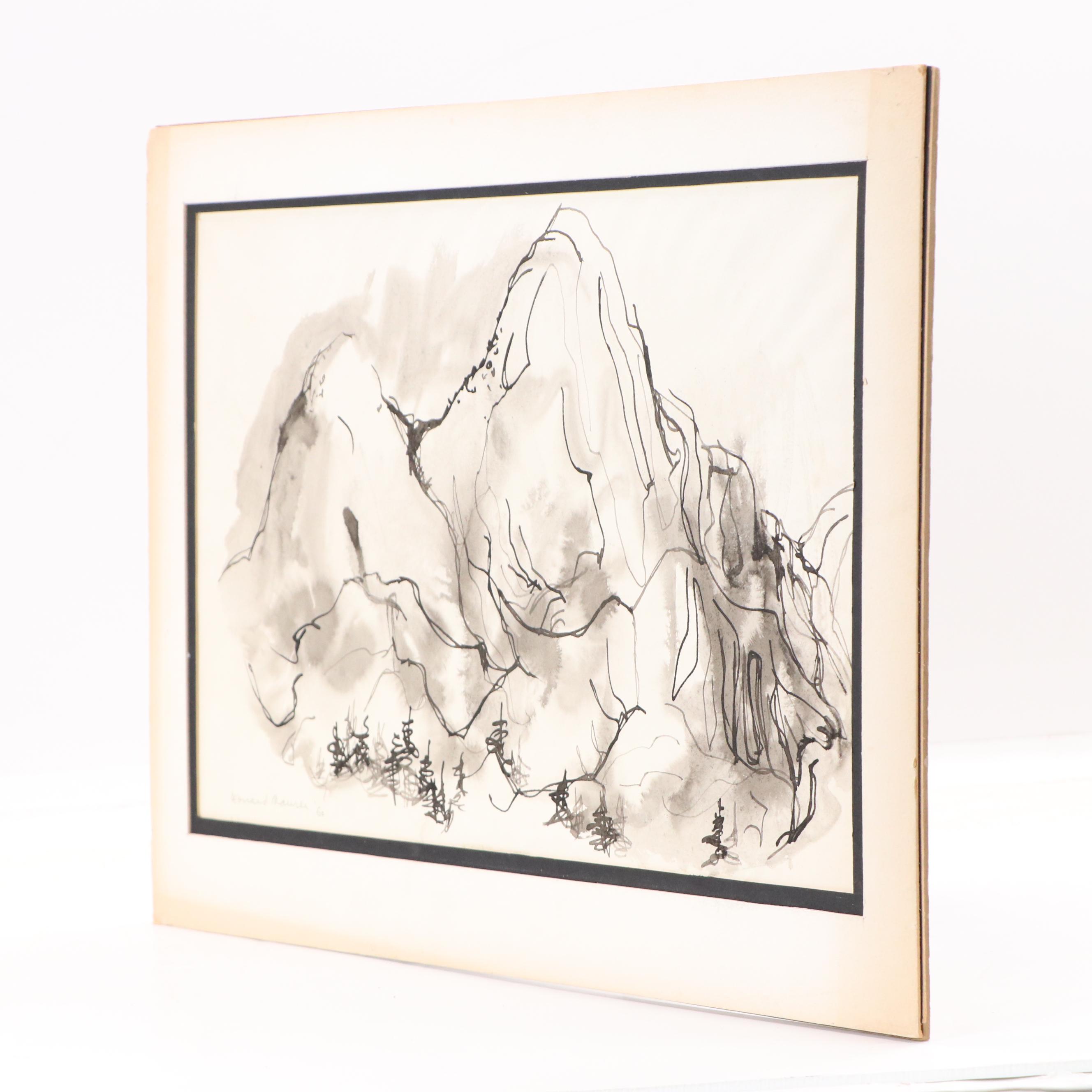 Leonard Maurer Modern Figural Ink Wash Painting, 1960