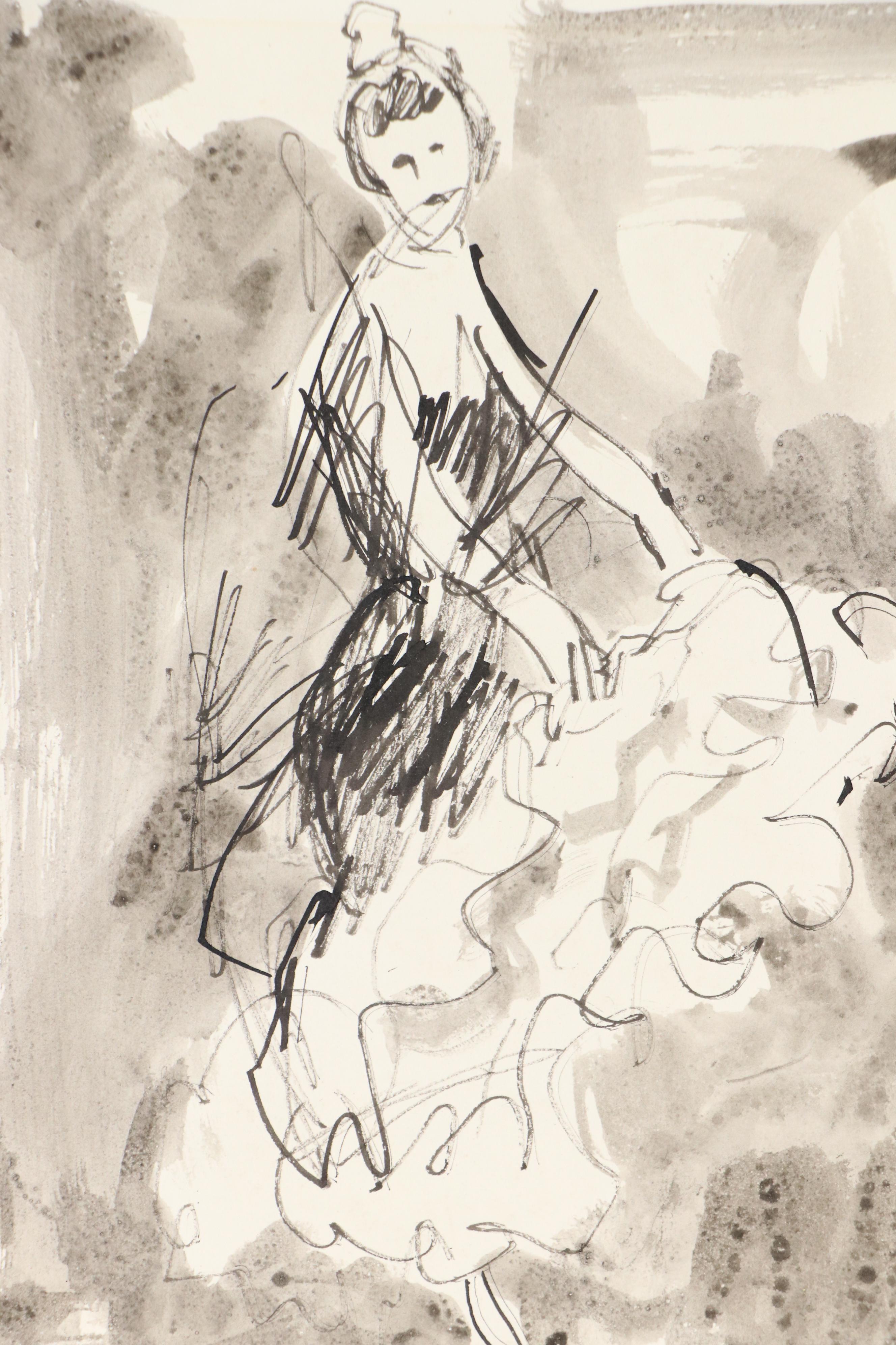 Leonard Maurer Modern Figural Ink Wash Painting, 1967