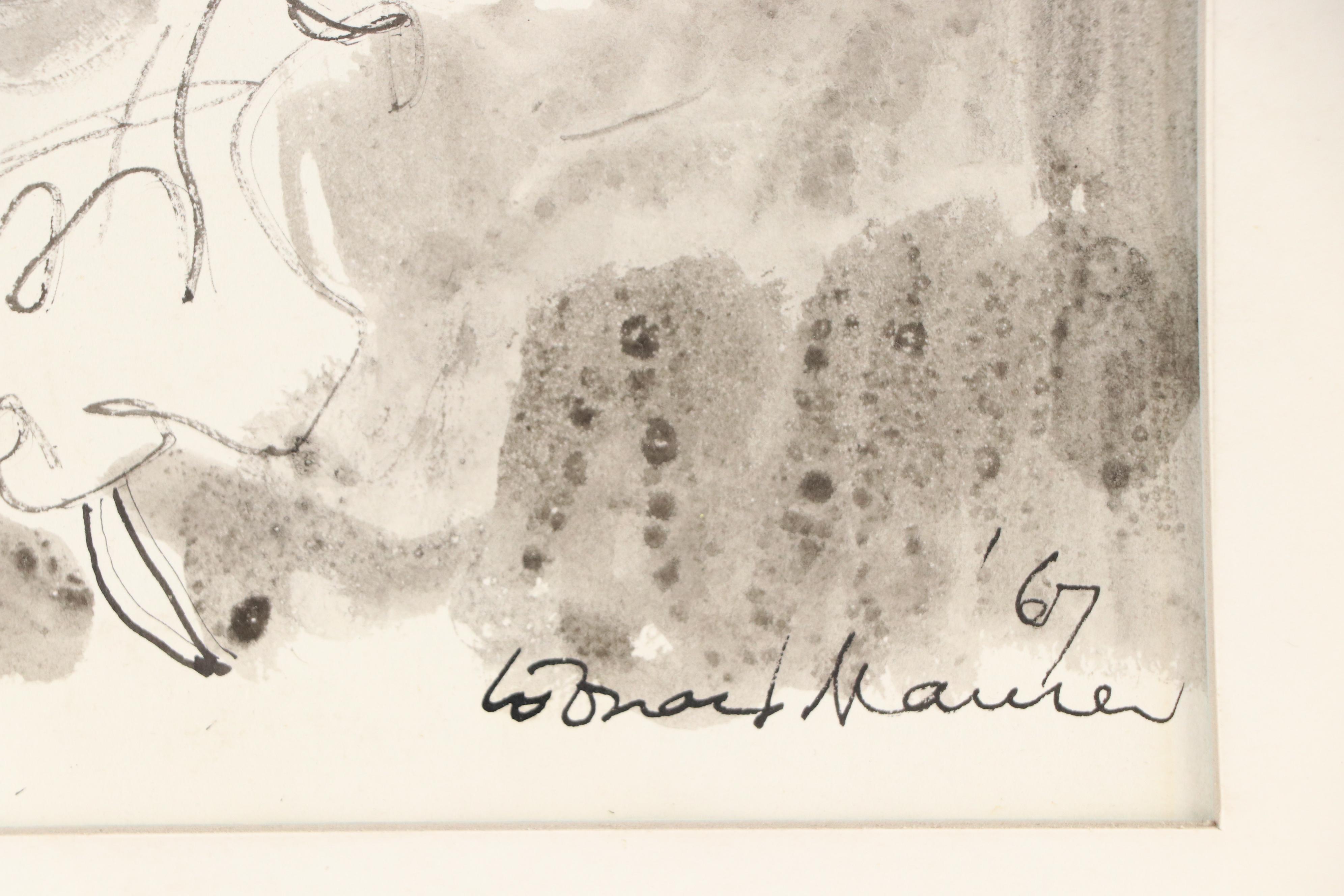Leonard Maurer Modern Figural Ink Wash Painting, 1967