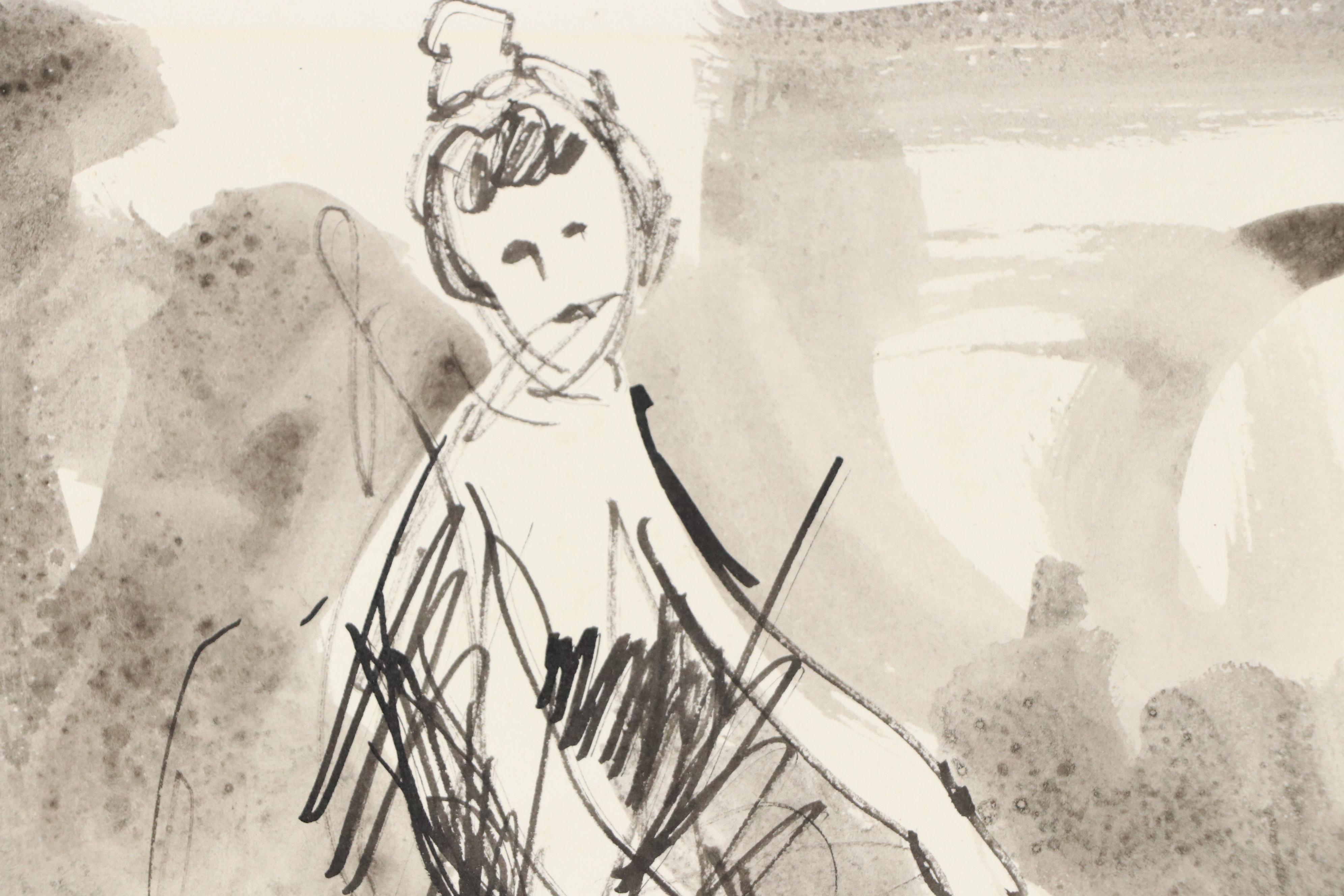 Leonard Maurer Modern Figural Ink Wash Painting, 1967