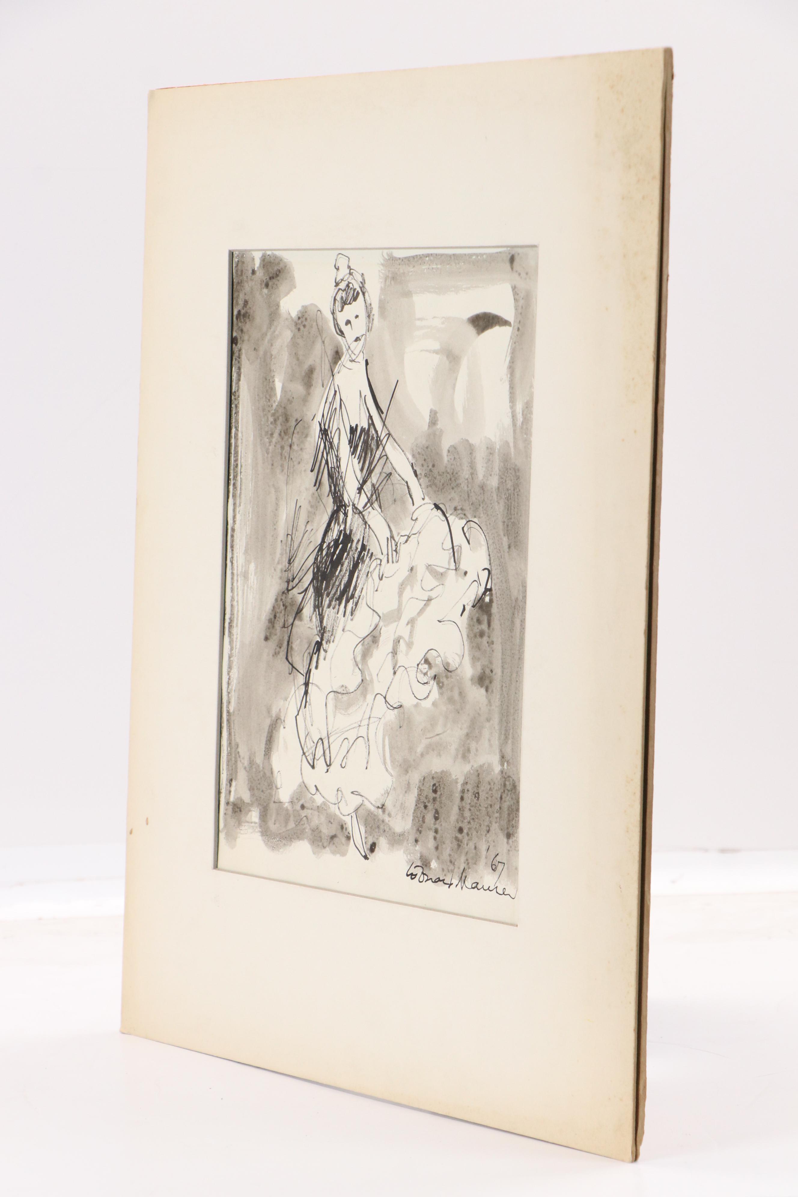 Leonard Maurer Modern Figural Ink Wash Painting, 1967