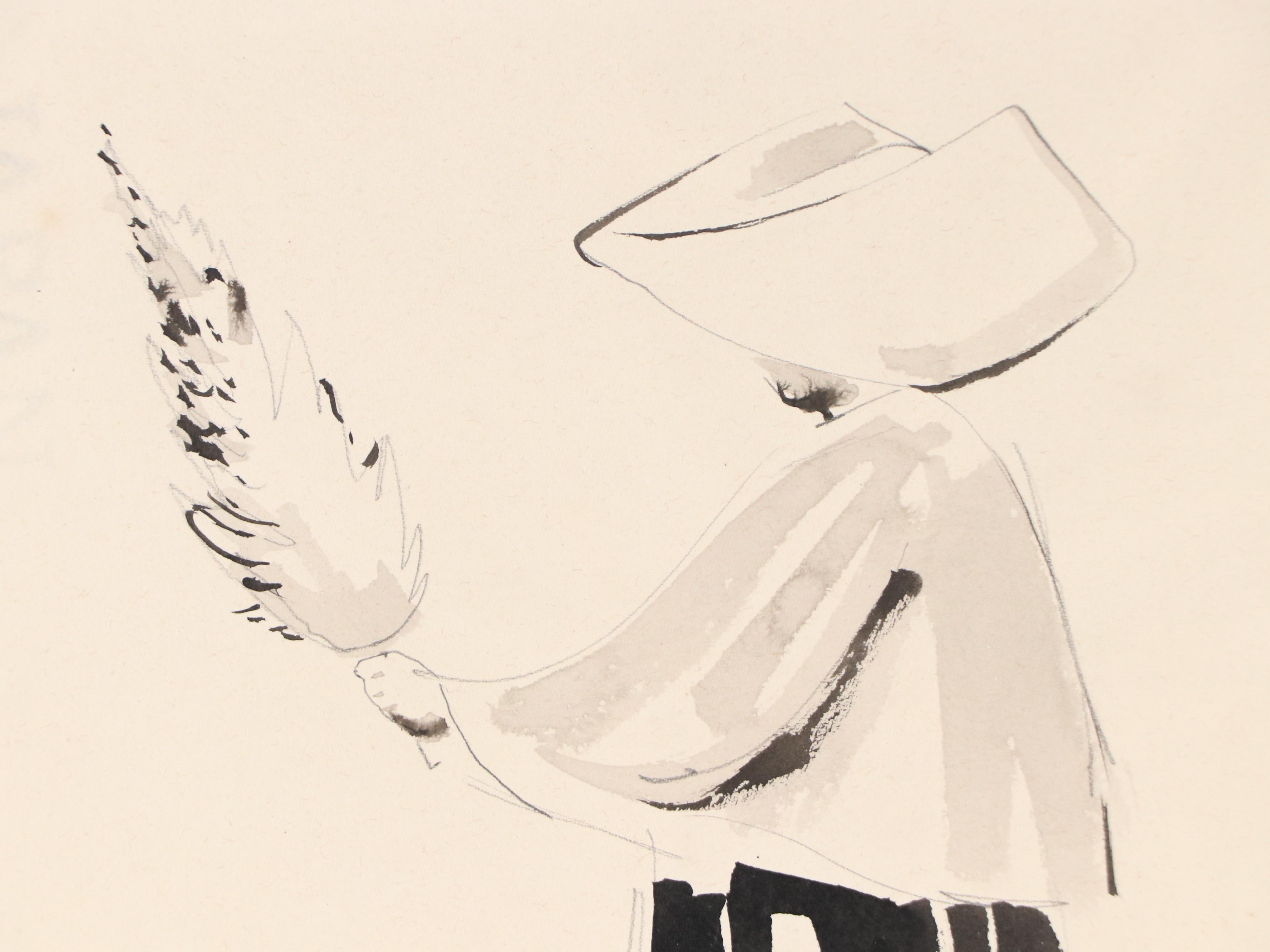 Leonard Maurer Modern Figural Ink Wash Painting "Paris," 1954