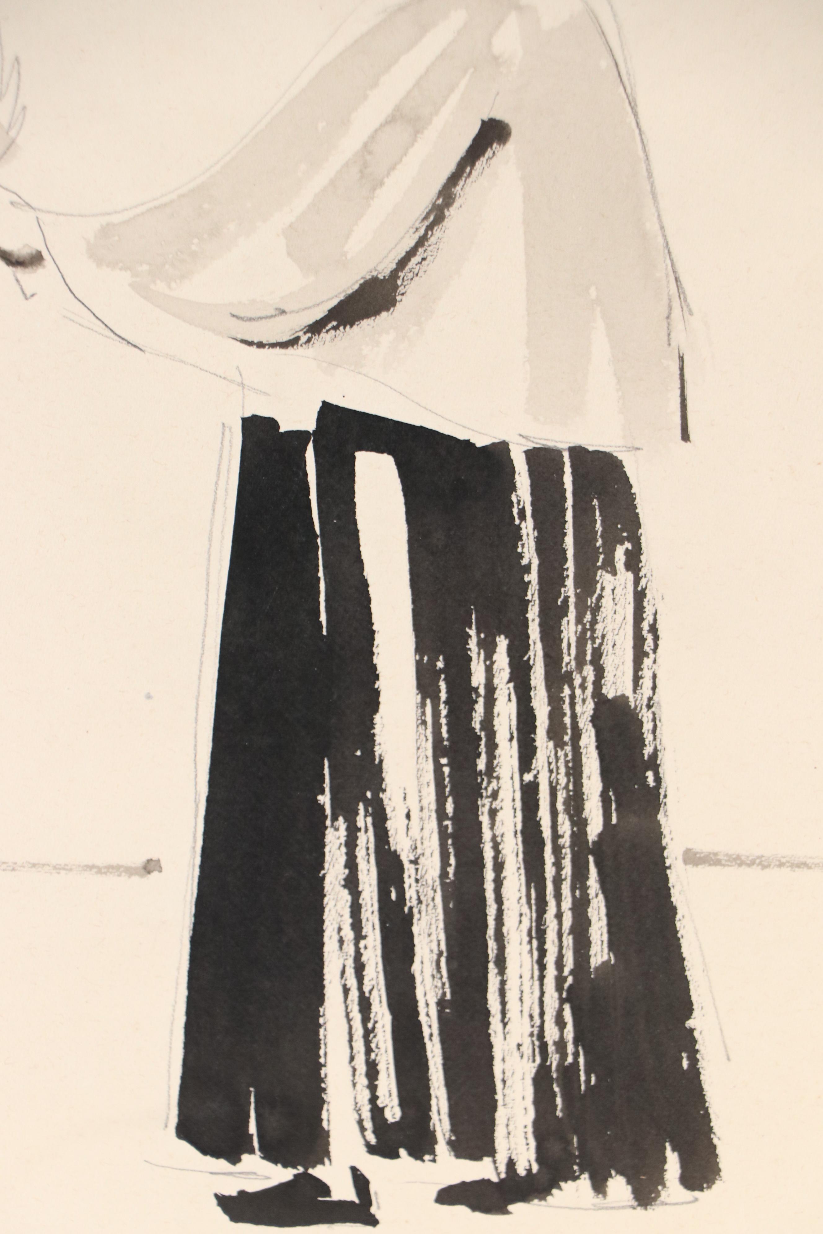 Leonard Maurer Modern Figural Ink Wash Painting "Paris," 1954