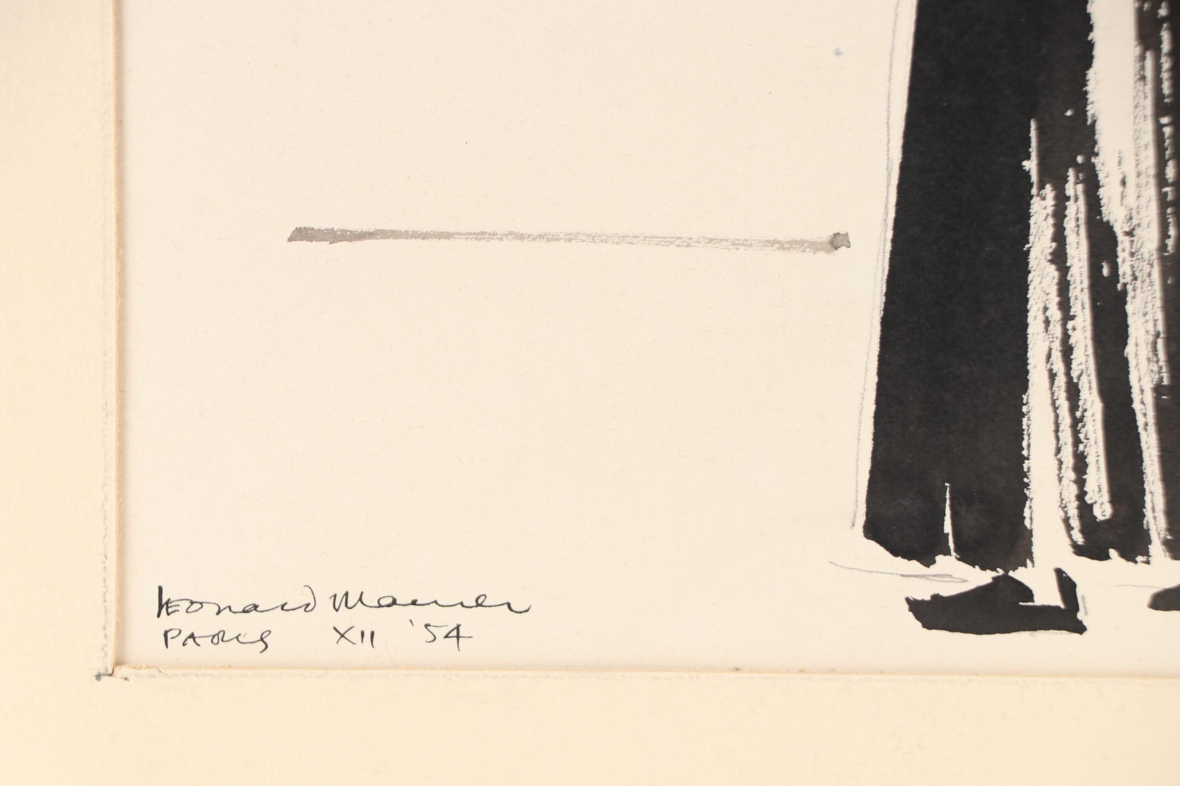 Leonard Maurer Modern Figural Ink Wash Painting "Paris," 1954