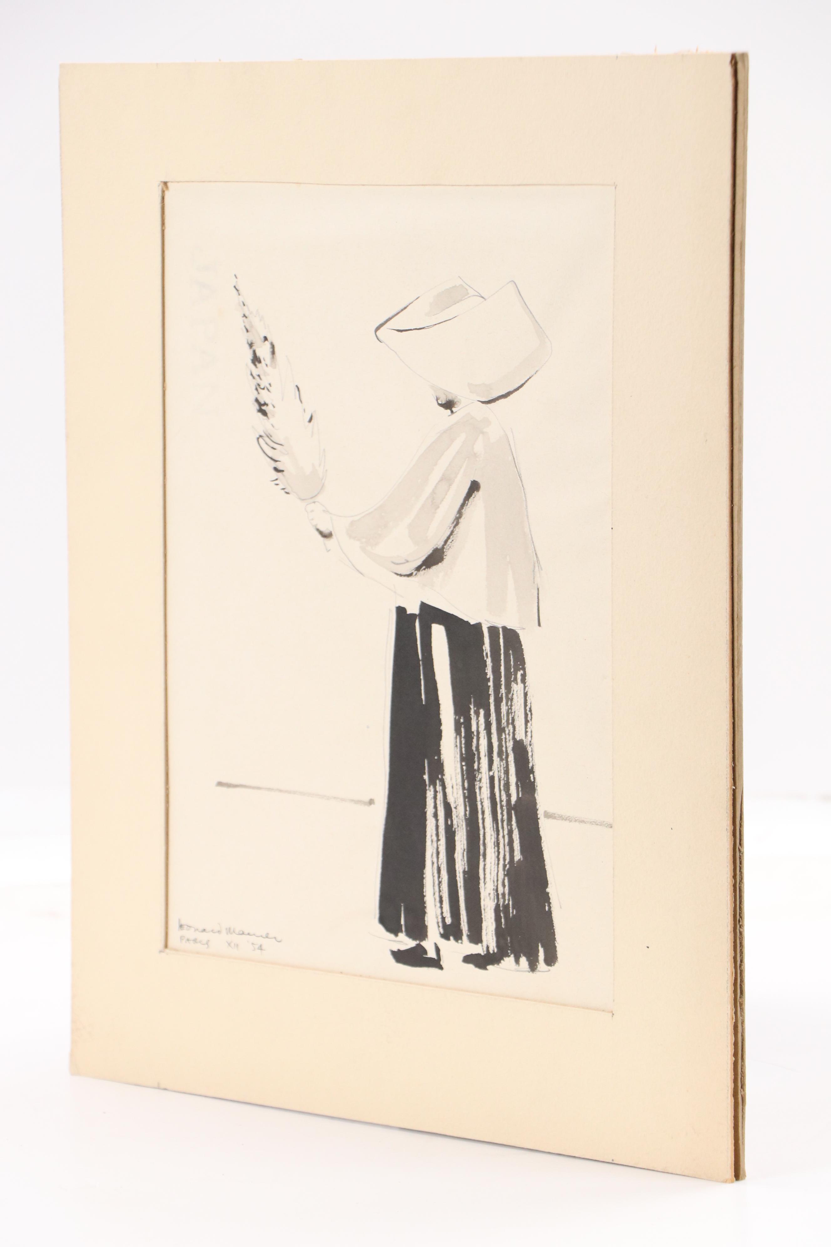 Leonard Maurer Modern Figural Ink Wash Painting "Paris," 1954