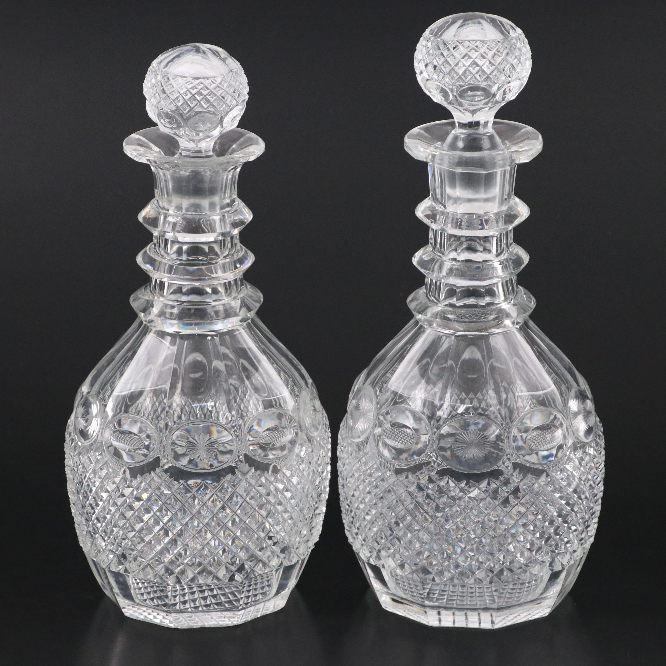 Georgian Style Cut Crystal Ring Neck Decanters with Stoppers, 20th Century