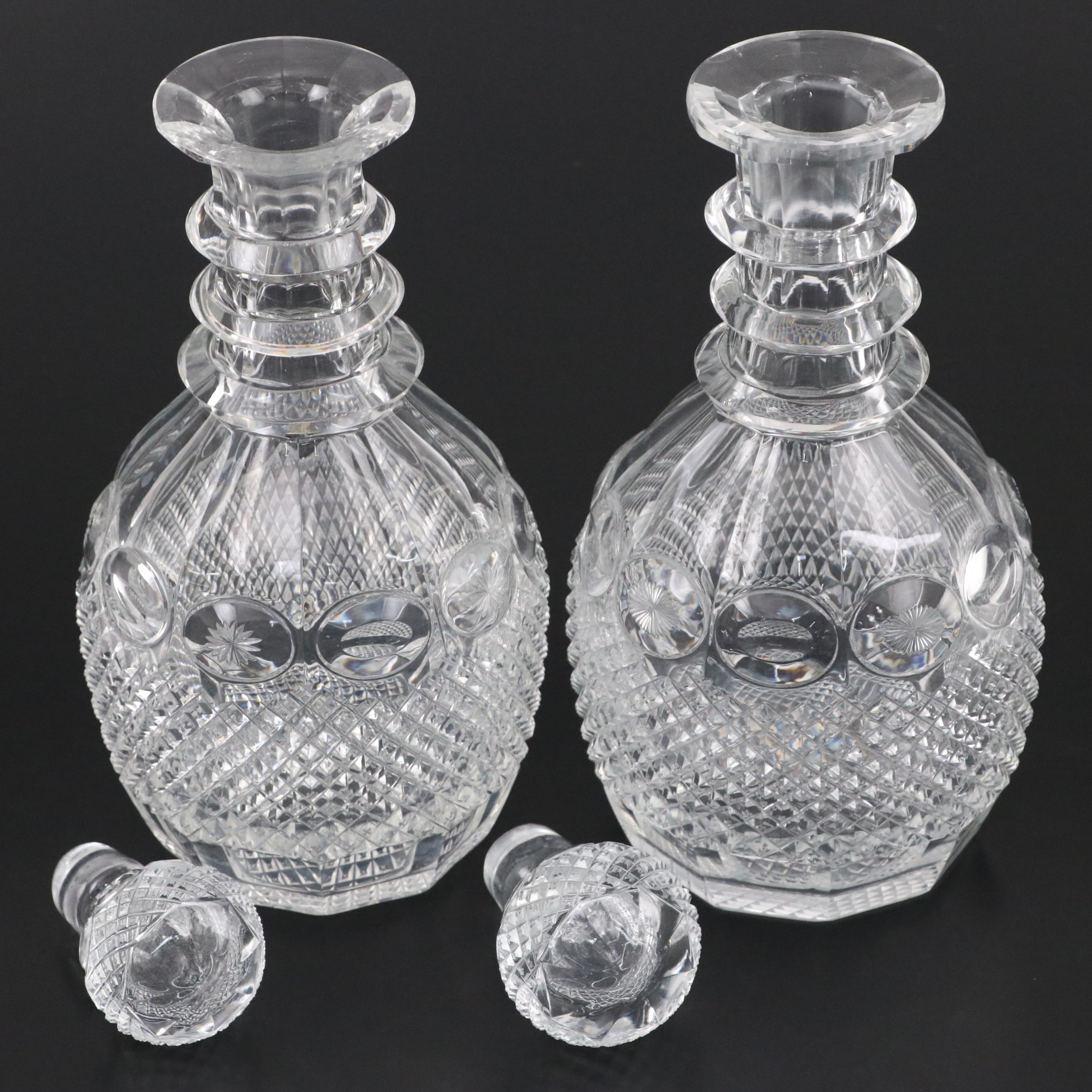 Georgian Style Cut Crystal Ring Neck Decanters with Stoppers, 20th Century