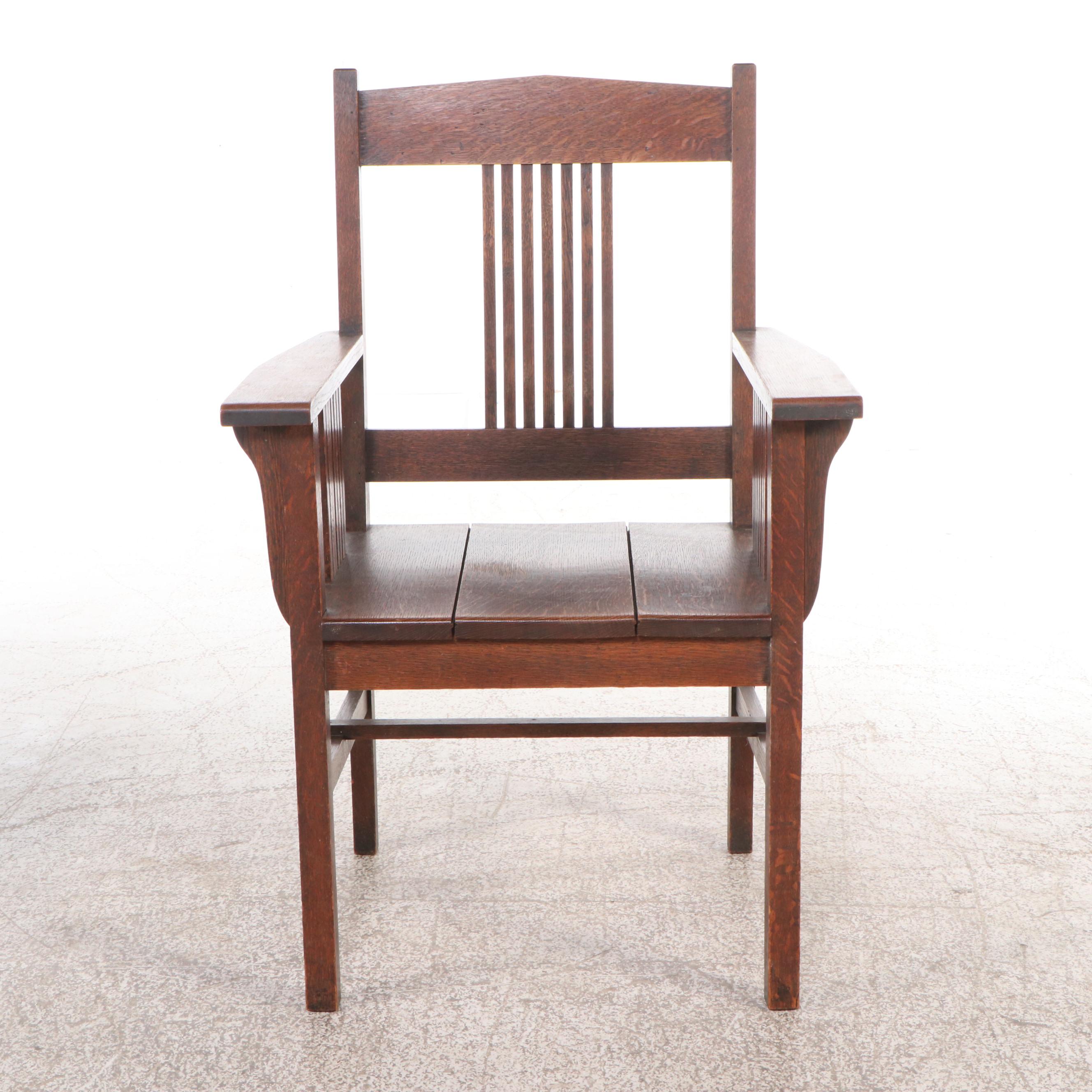 Arts & Crafts Style Oak Mission Armchair with Leather Upholstered Ottoman