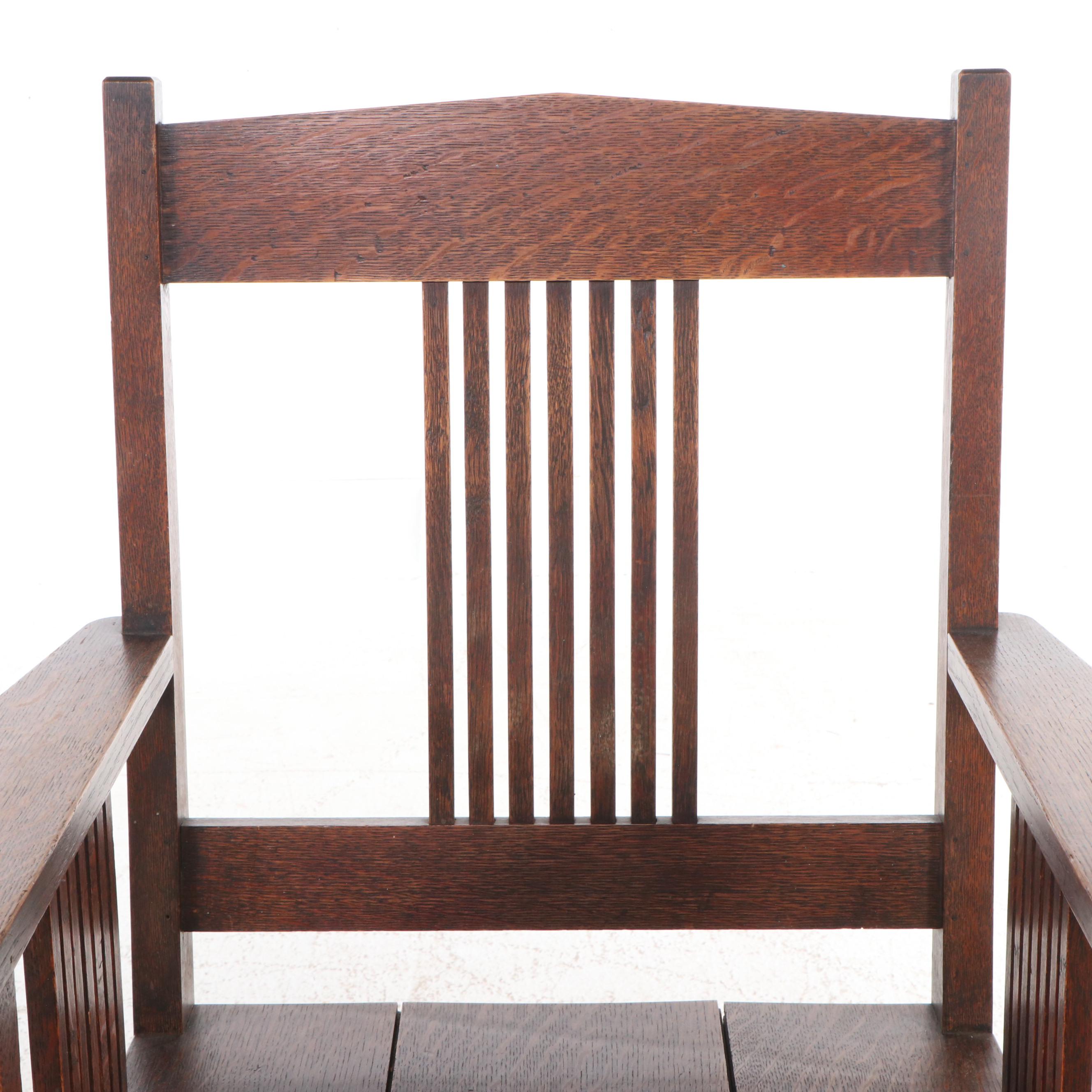 Arts & Crafts Style Oak Mission Armchair with Leather Upholstered Ottoman