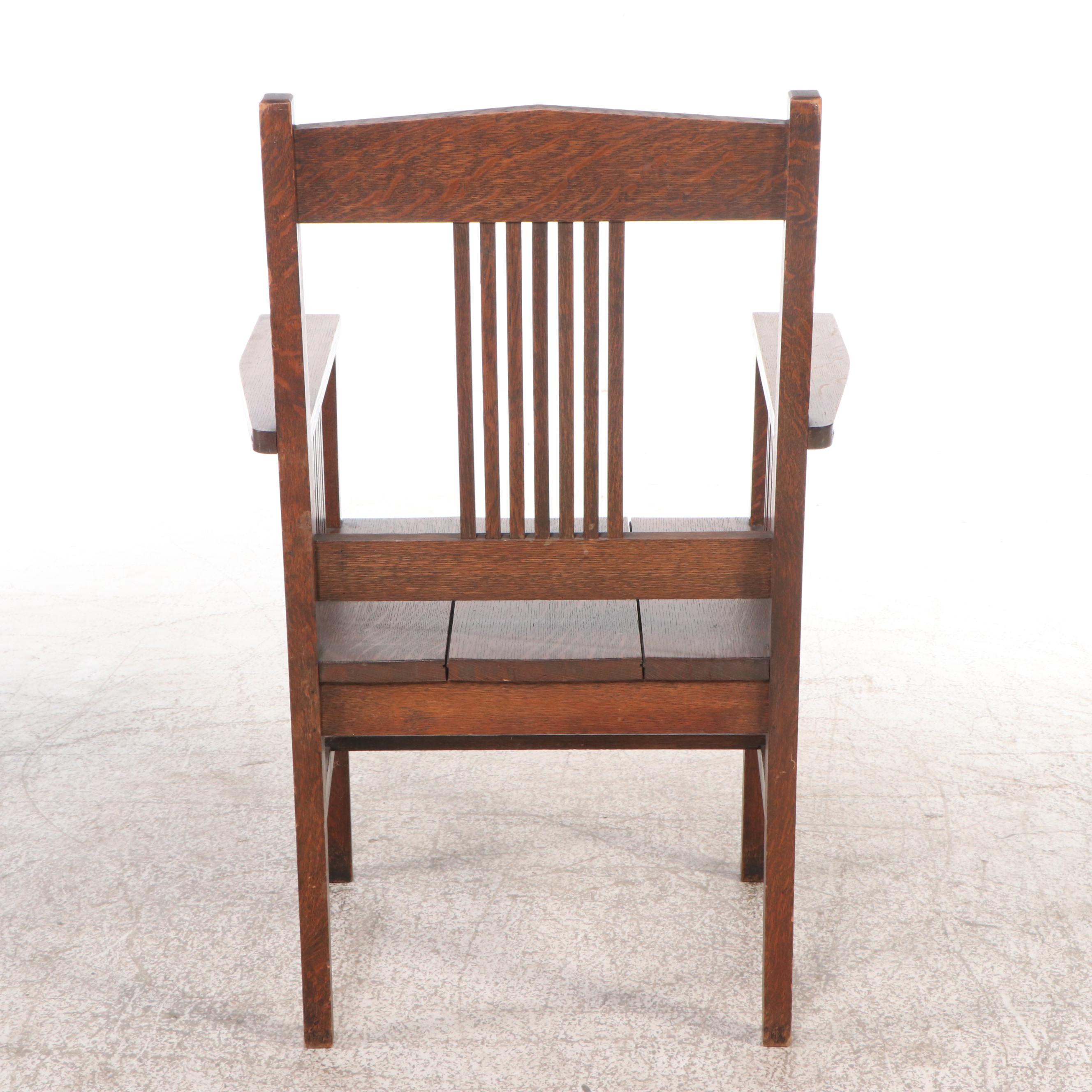 Arts & Crafts Style Oak Mission Armchair with Leather Upholstered Ottoman