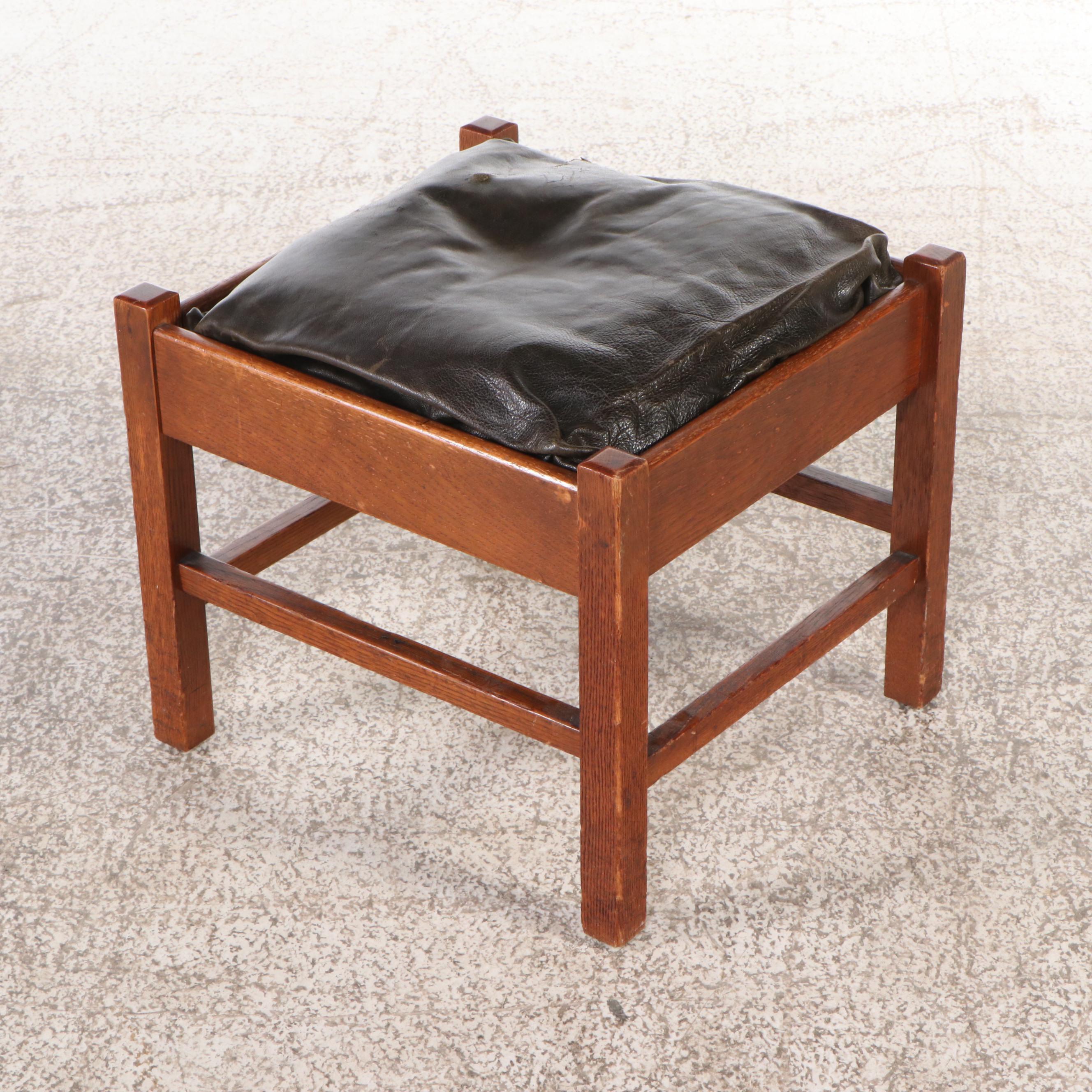 Arts & Crafts Style Oak Mission Armchair with Leather Upholstered Ottoman