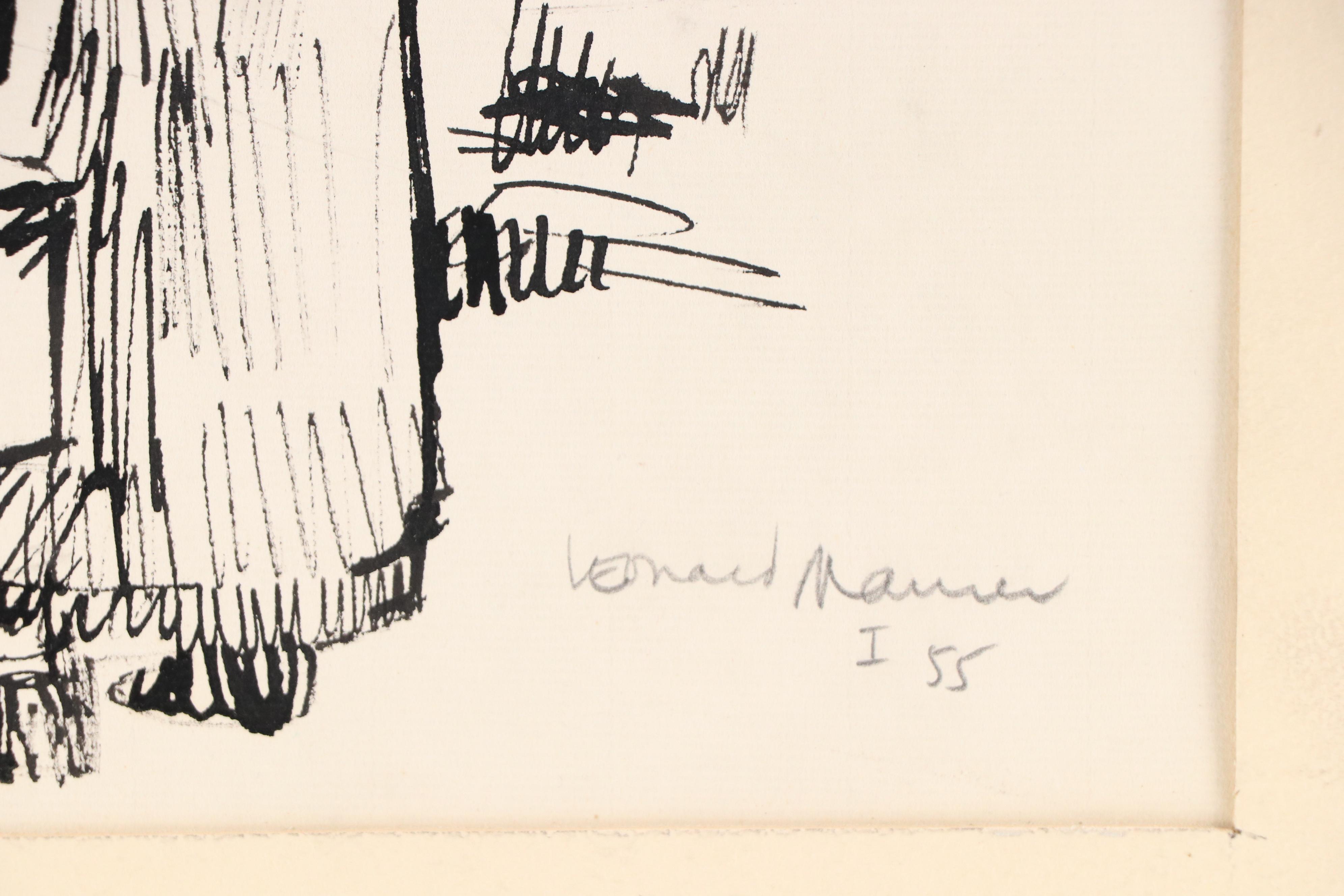 Leonard Maurer Modern Figural Ink Drawing, 1955